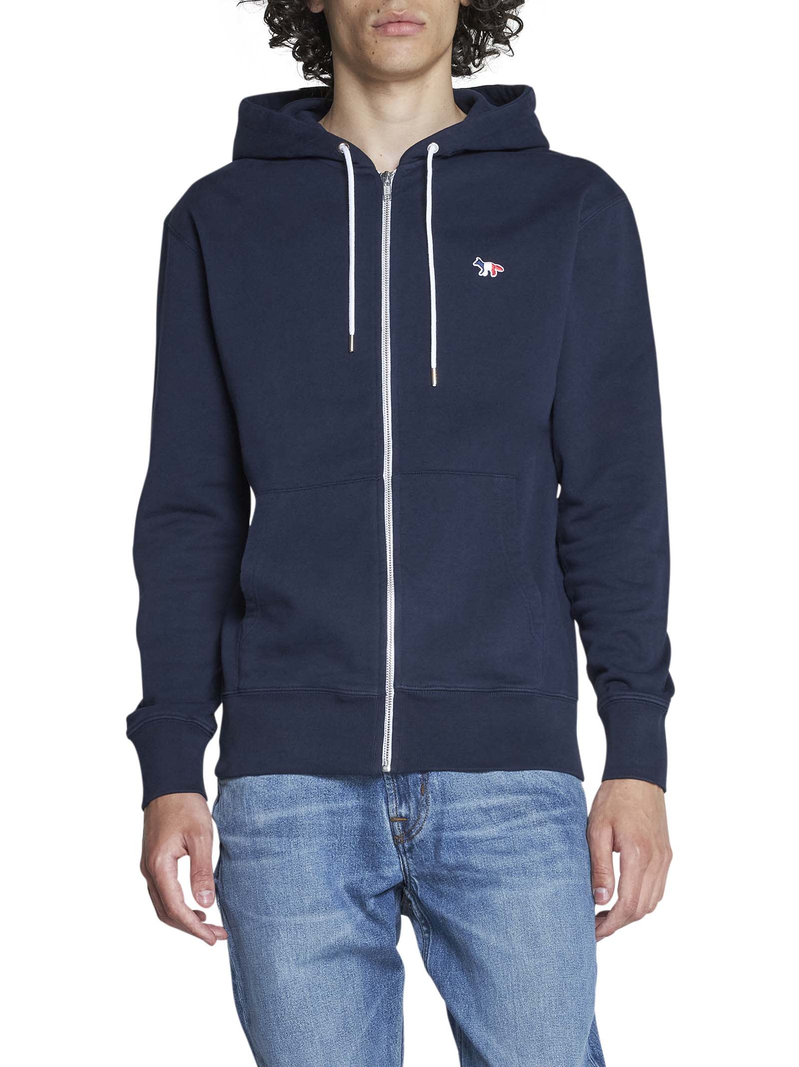 Tricolor Fox Patch Cotton Zip Hoodie In Blue