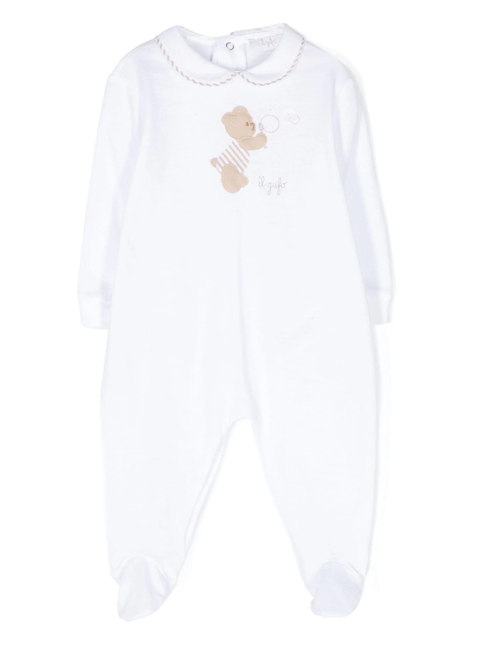 IL GUFO WHITE PLAYSUIT WITH FEET AND TEDDY-BEAR EMBELLISHMENT