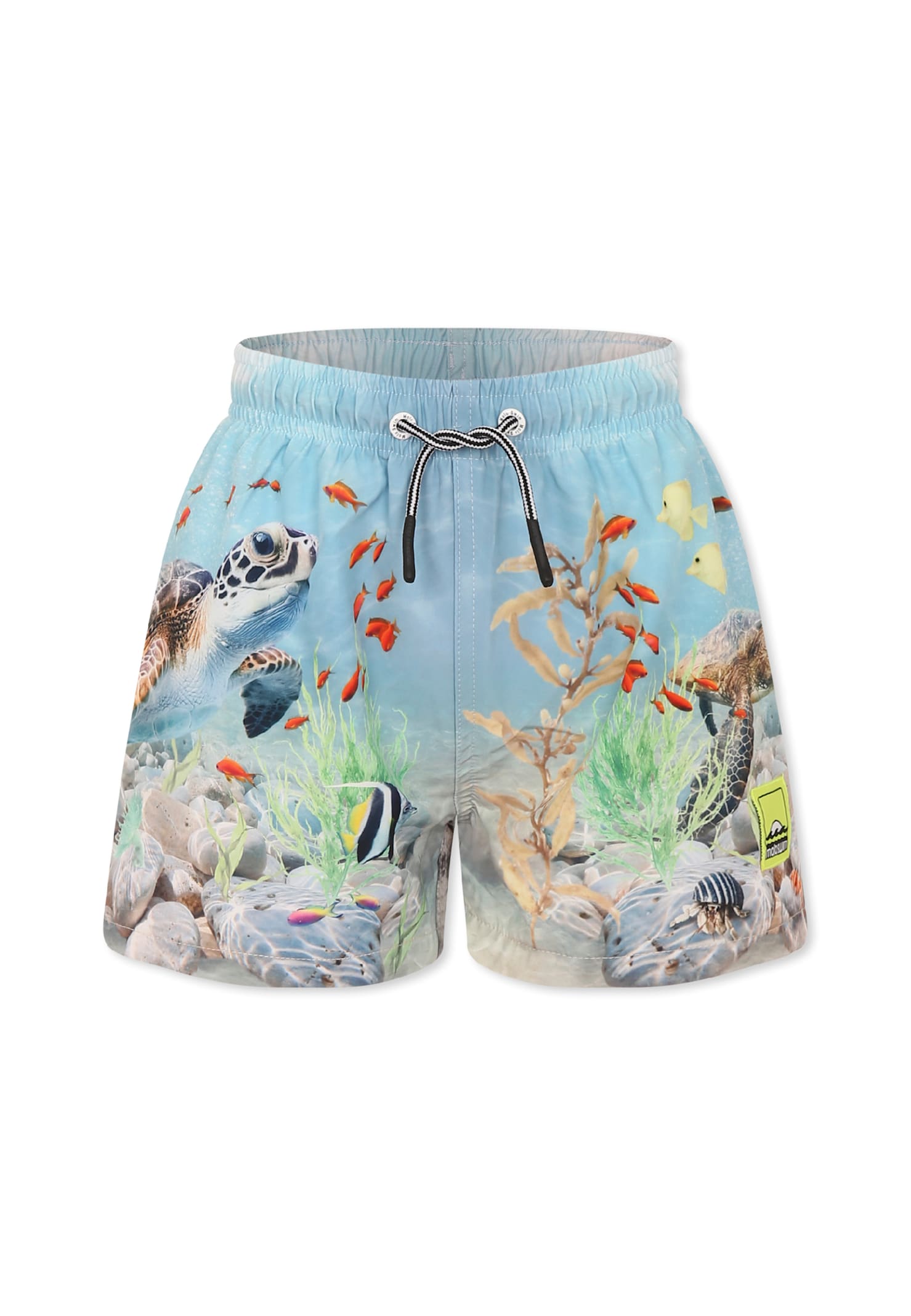 Molo Light Blue Swim Shorts For Boy With Ocean Print In Light Blue