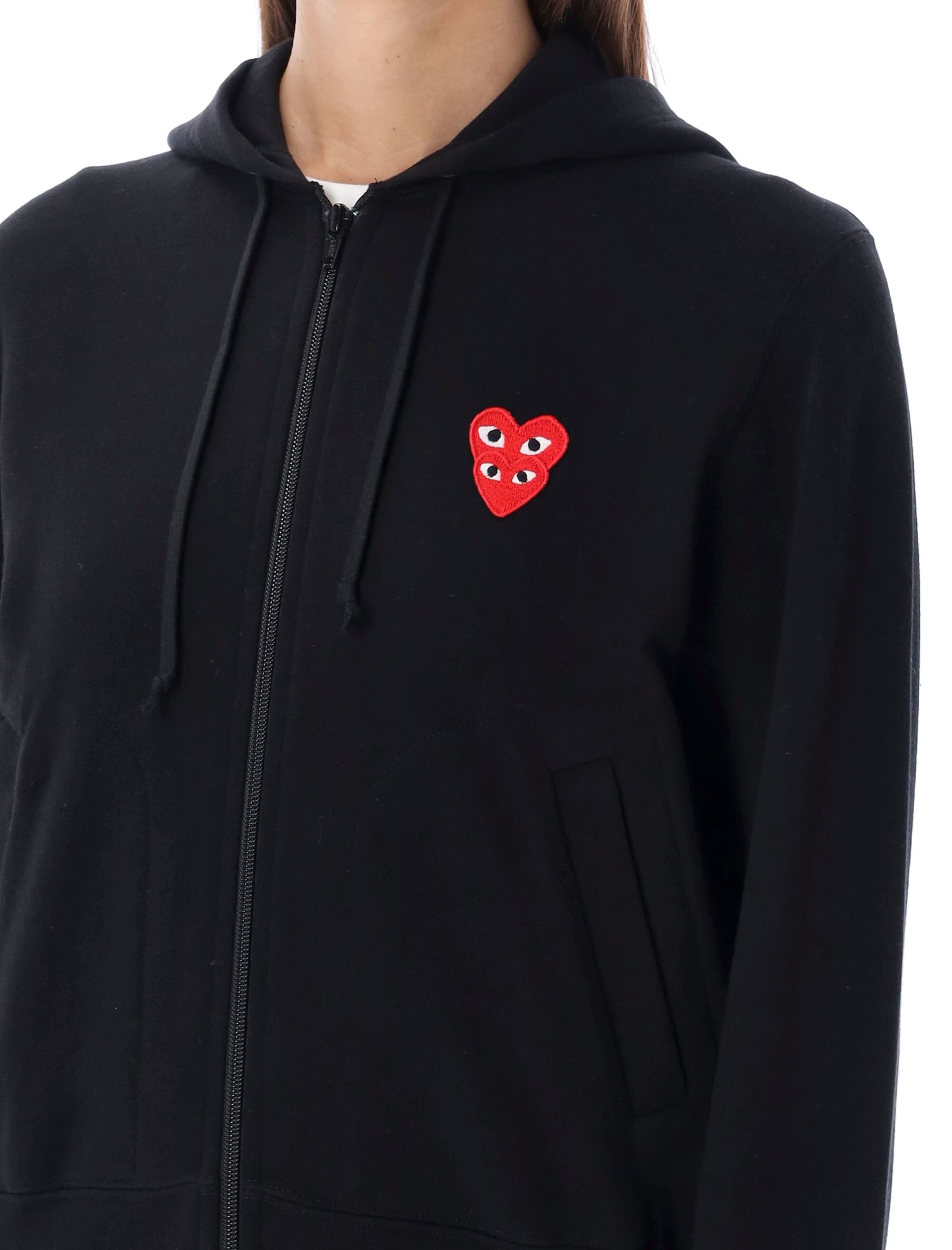 Shop Comme Des Garçons Play Double Heart Zipped Hoodie In Black