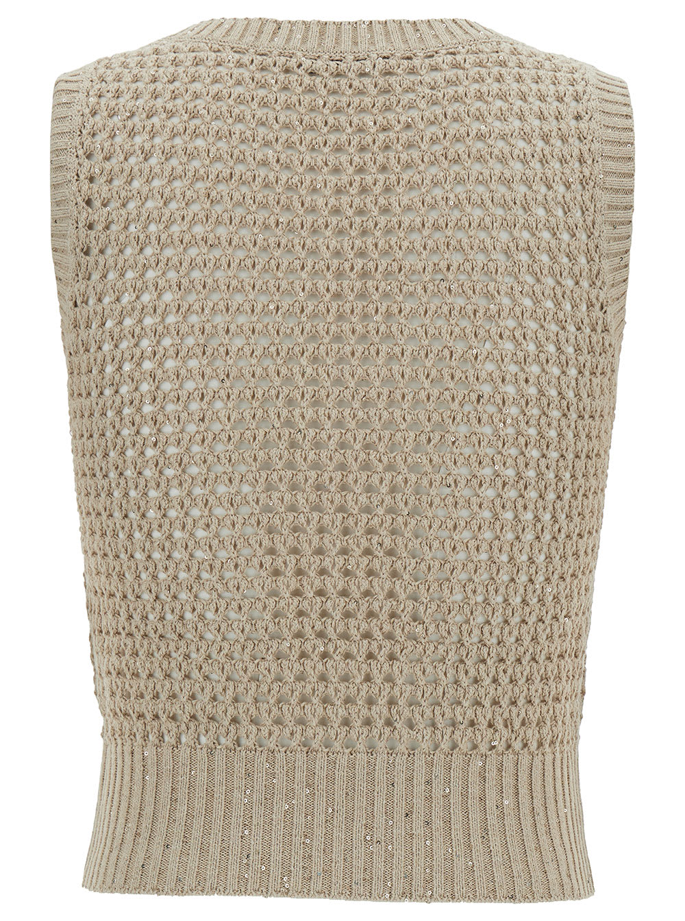 Shop Brunello Cucinelli Beige Knit Vest With All-over Sequins In Cotton Woman