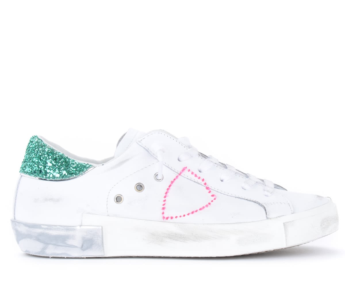 White Leather Sneaker Philippe Model Xmas Capsule With Green Glitter
