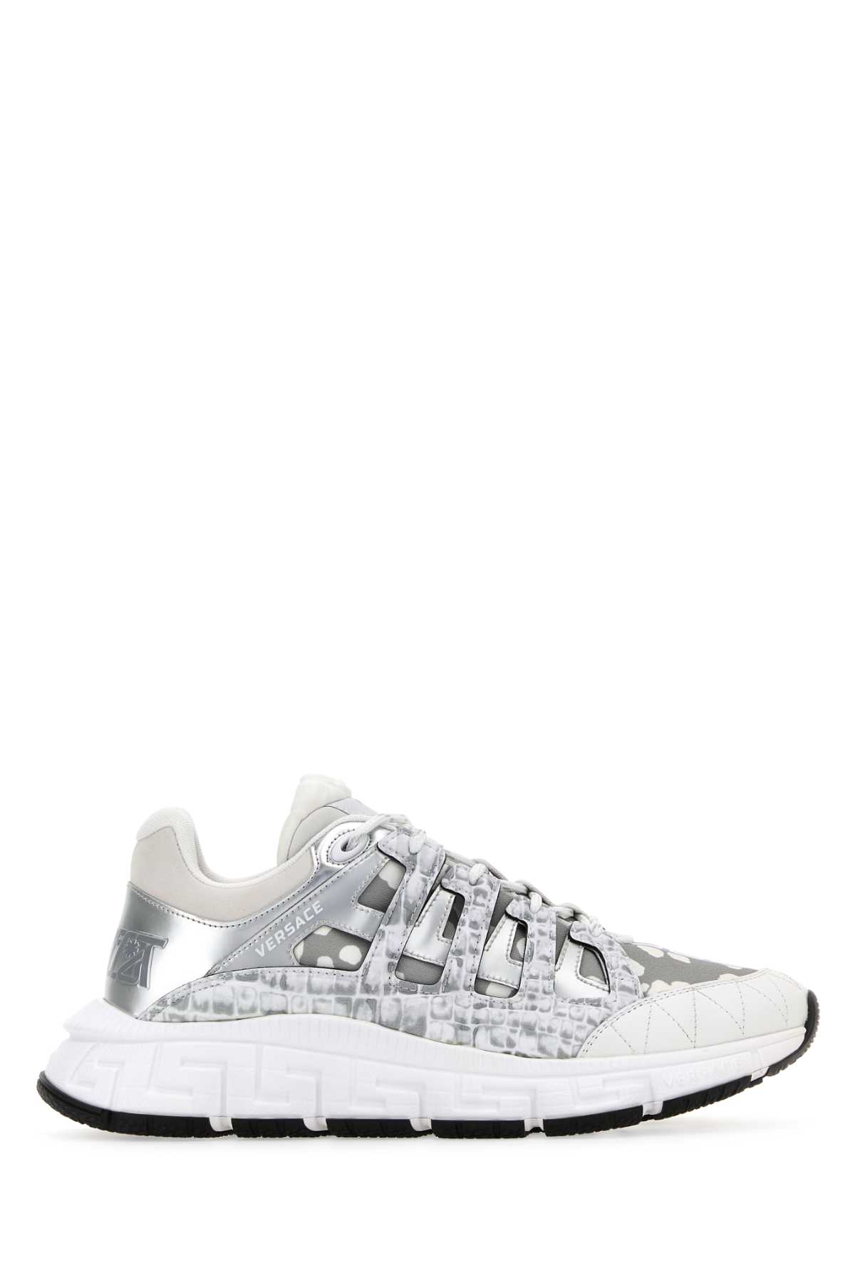 Shop Versace Two-tone Fabric And Leather Trigreca Sneakers In Whitesilver