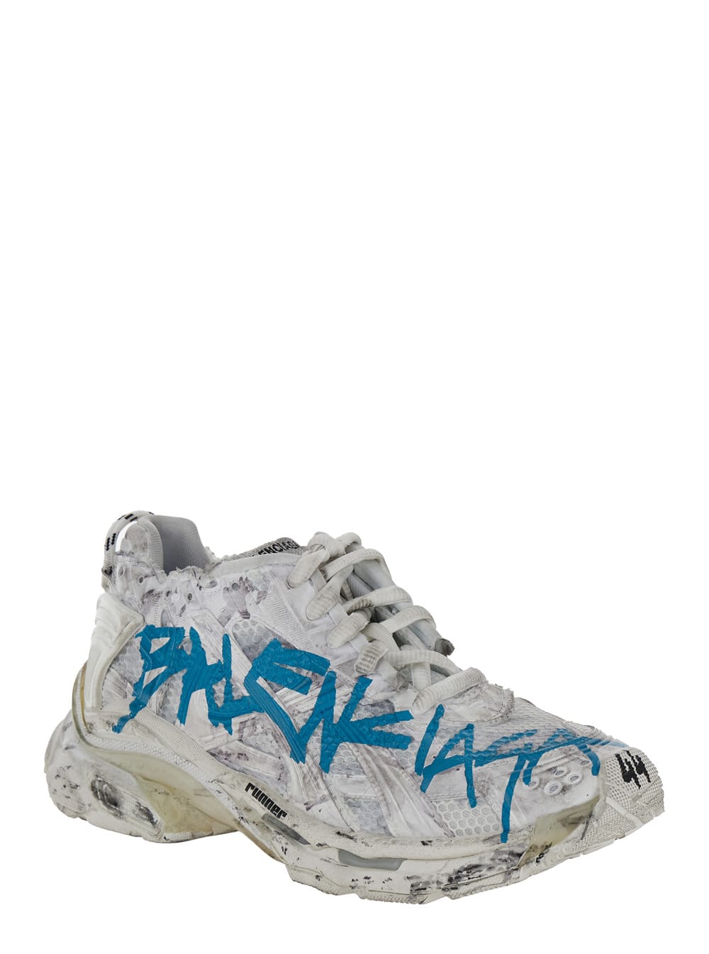 Shop Balenciaga Graffiti White And Blue Runner Sneakers In Mesh And Nylon Man