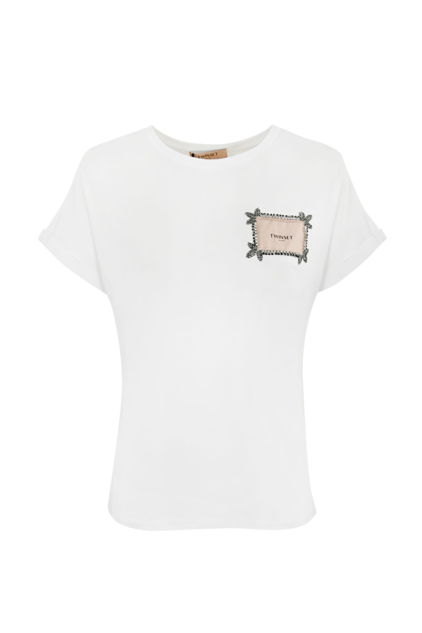 Shop Twinset T-shirt With Label And Rhinestones In Bianco Ottico