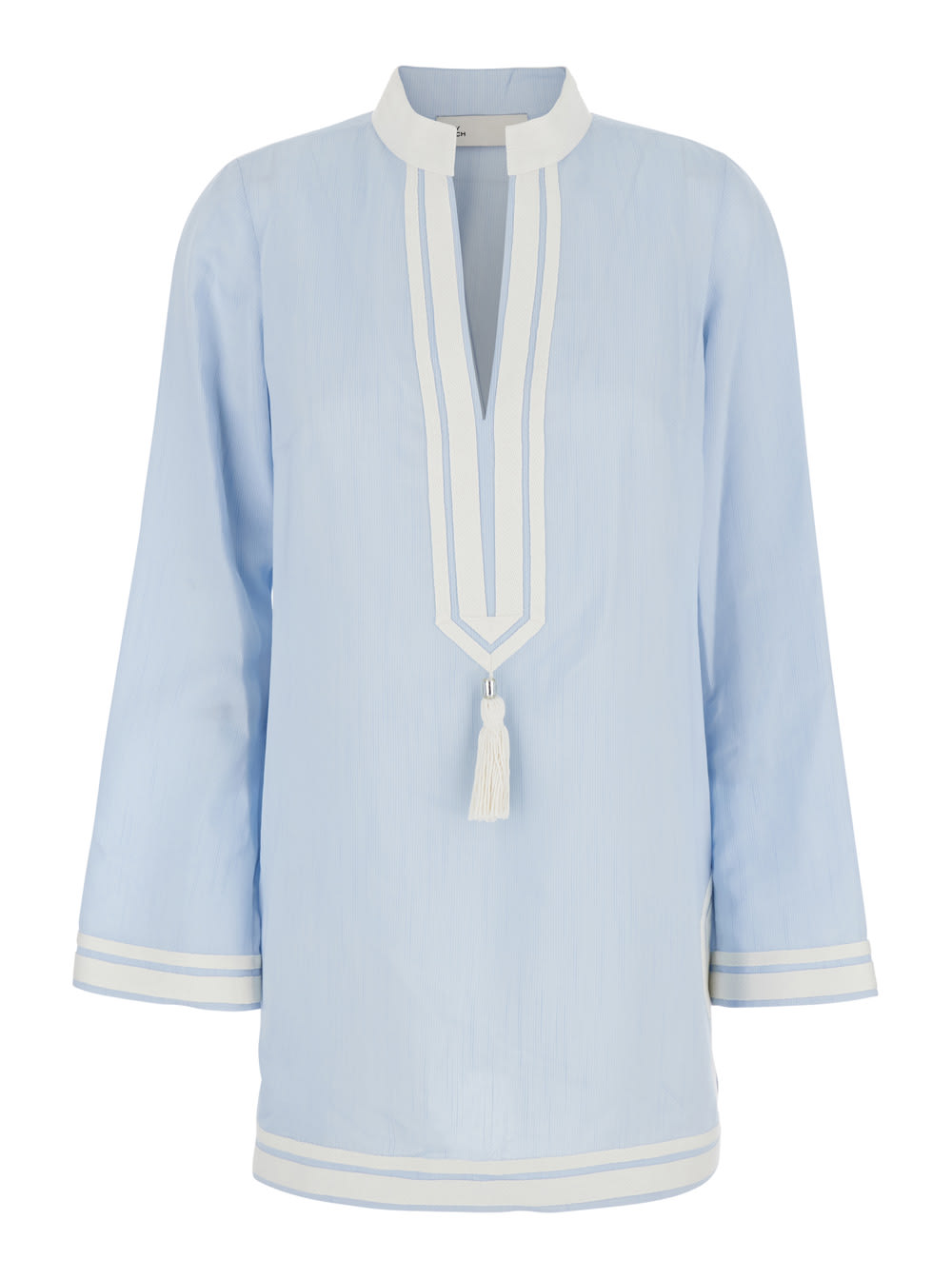 Light Blue Kaftan With V-neck And Pendant On The Front In Silk And Viscose Blend Woman