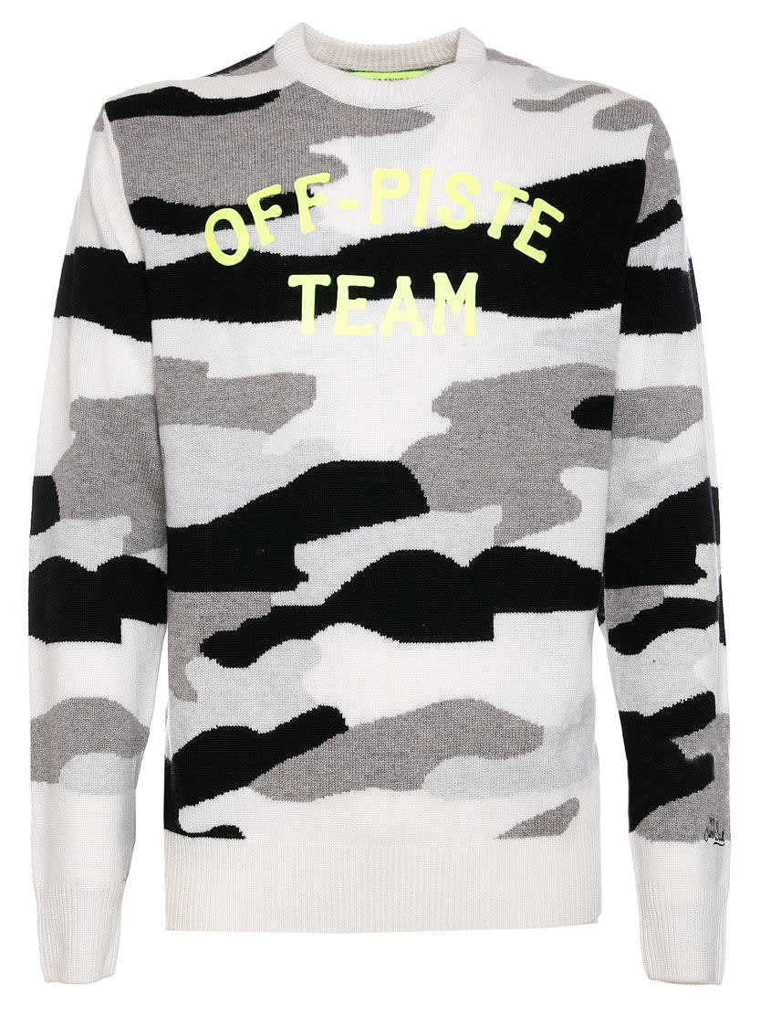 Mc2 Saint Barth Camouflage Man Sweater Off-piste Team Fluo Yellow Print In White