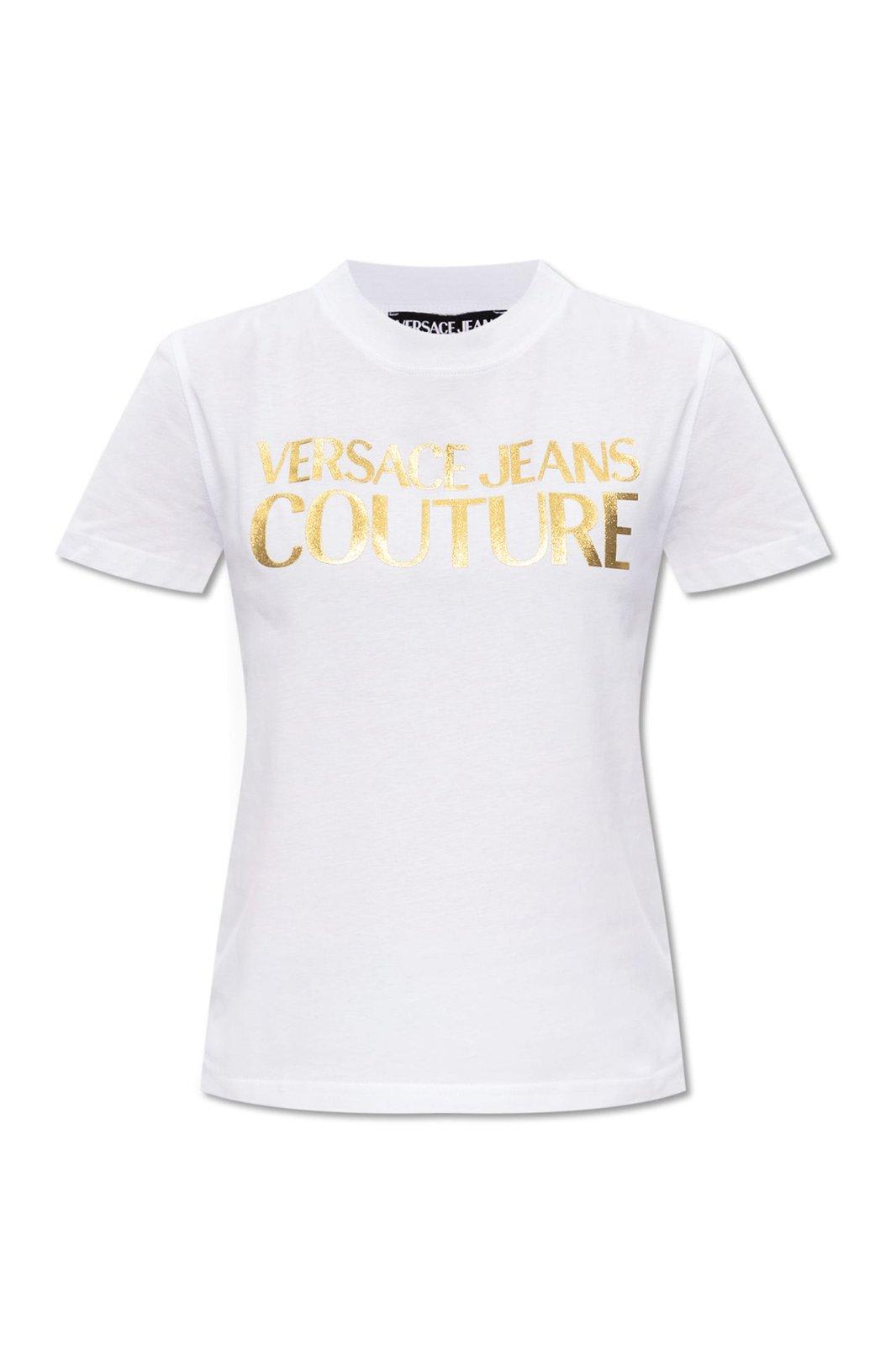 Shop Versace Jeans Couture Logo Printed Crewneck T-shirt In White/gold