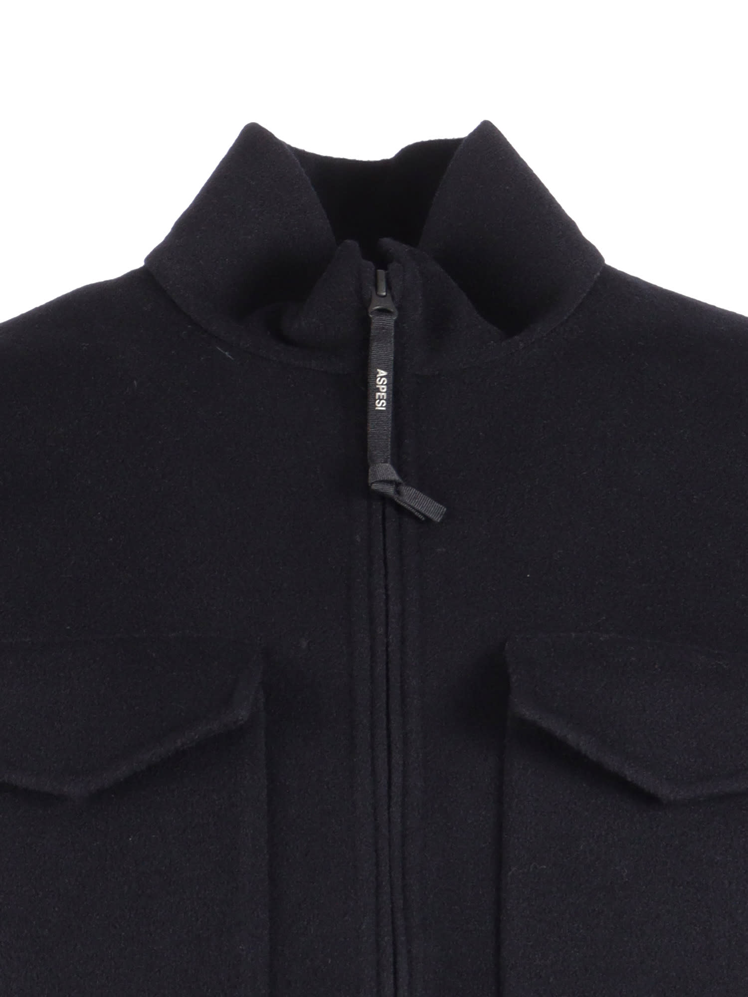 Aspesi Structured Front Zipper Jacket With Stand Collar In Black