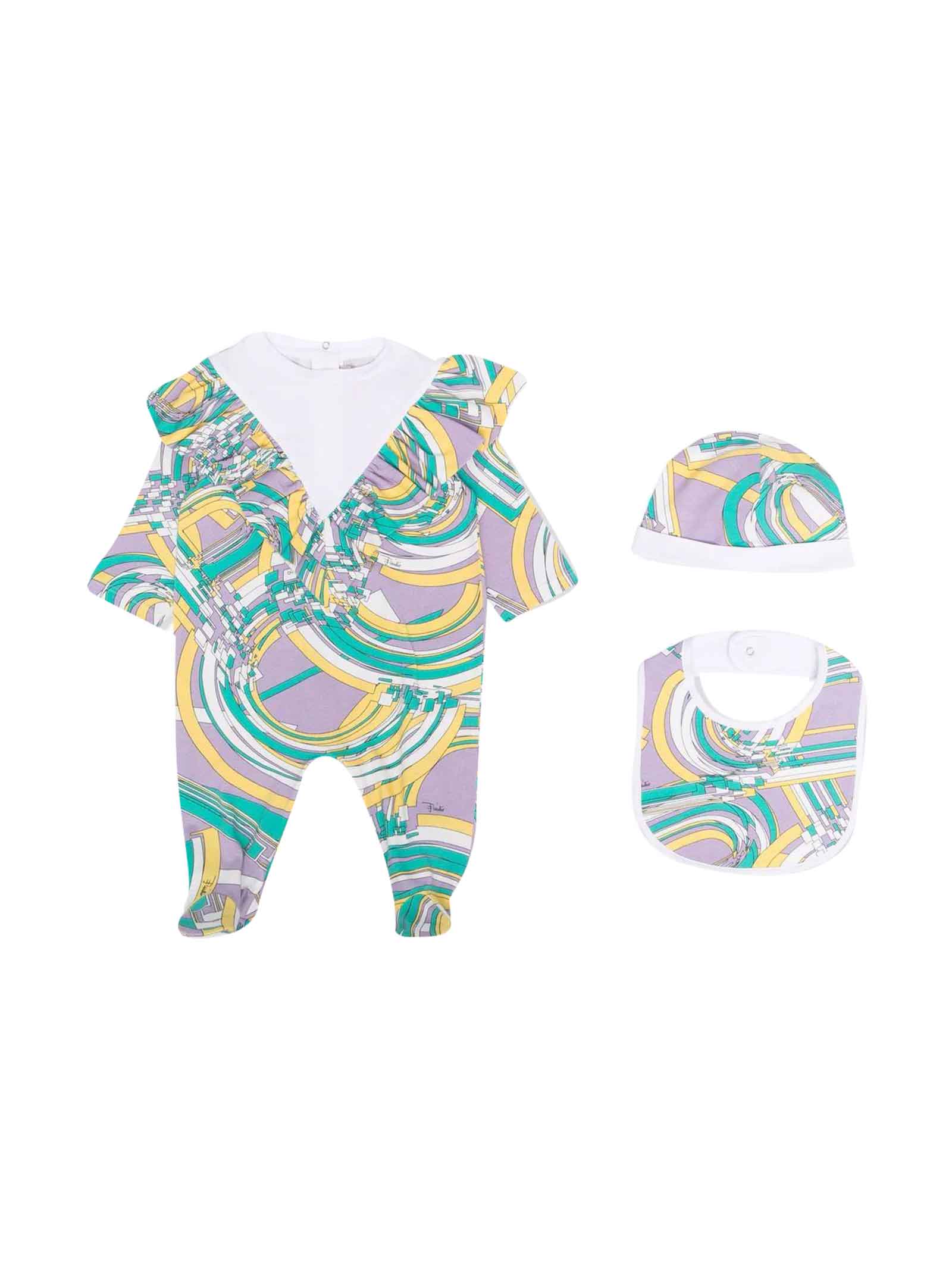 Emilio Pucci Multicolour Cotton Blend Abstract-print Baby Girl Body From Featuring Abstract Pattern Print, Panelled Design, Ruffled Detailing, Round Neck, Long Sle