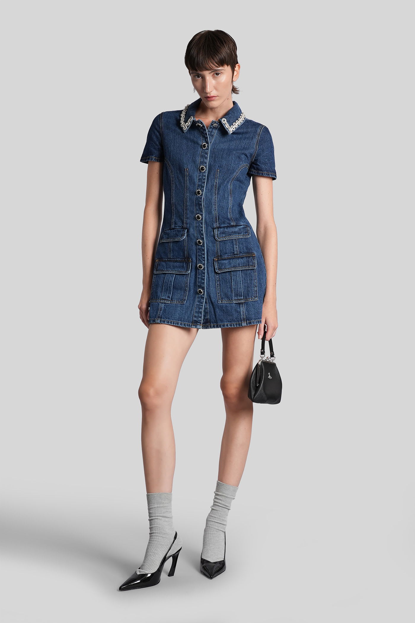 Self-portrait Fitted Denim Dress With Strass-detail Collar In Blue
