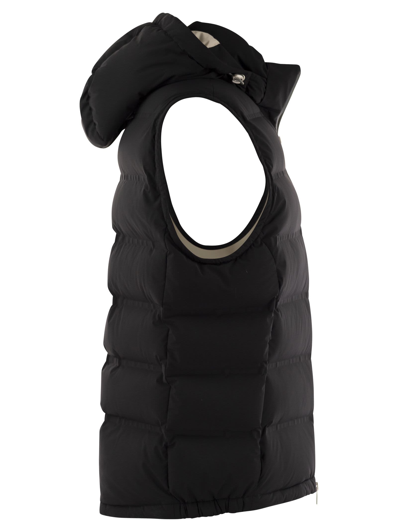 Shop Brunello Cucinelli Sleeveless Down Jacket In Membraned Taffeta With Heat Tapes And Detachable Hood In Black