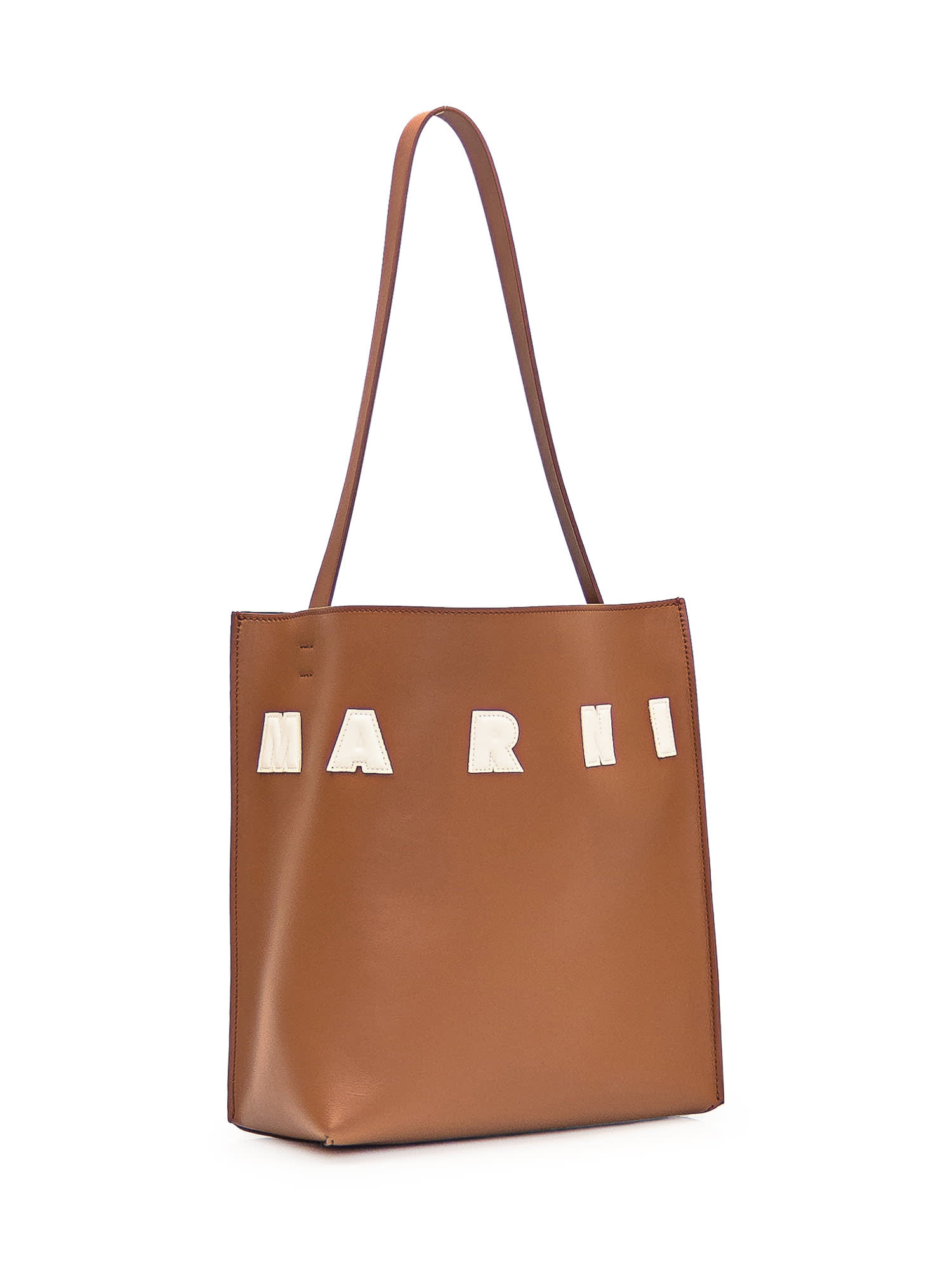 Marni Brown Structured Calfskin Shopping Bag With Ivory Details In Moca/ivory