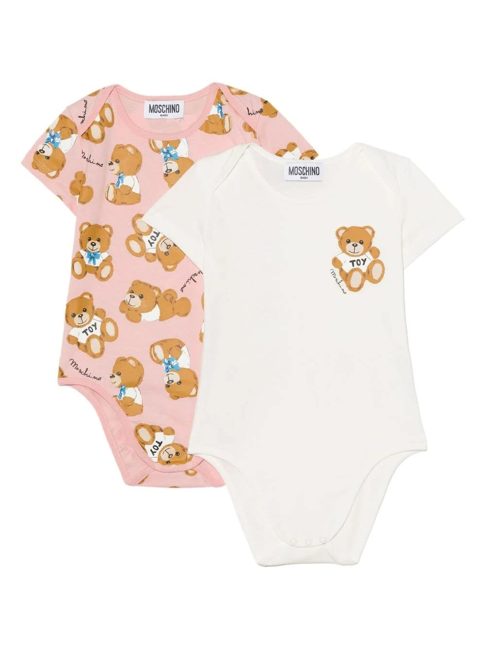 Moschino Set 2 Baby Bodysuits In White And Pink Cotton With Teddy Bear Print