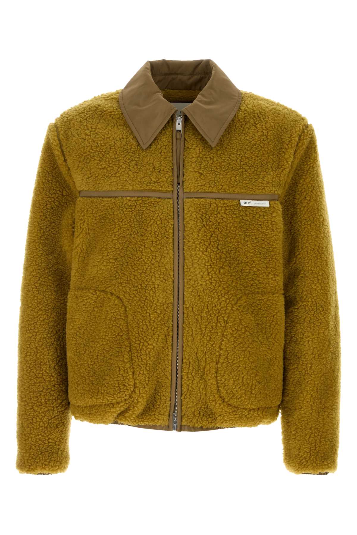 Ami Alexandre Mattiussi Ami Paris Ami Yellow Shearling Jacket With Contrast Collar In Green