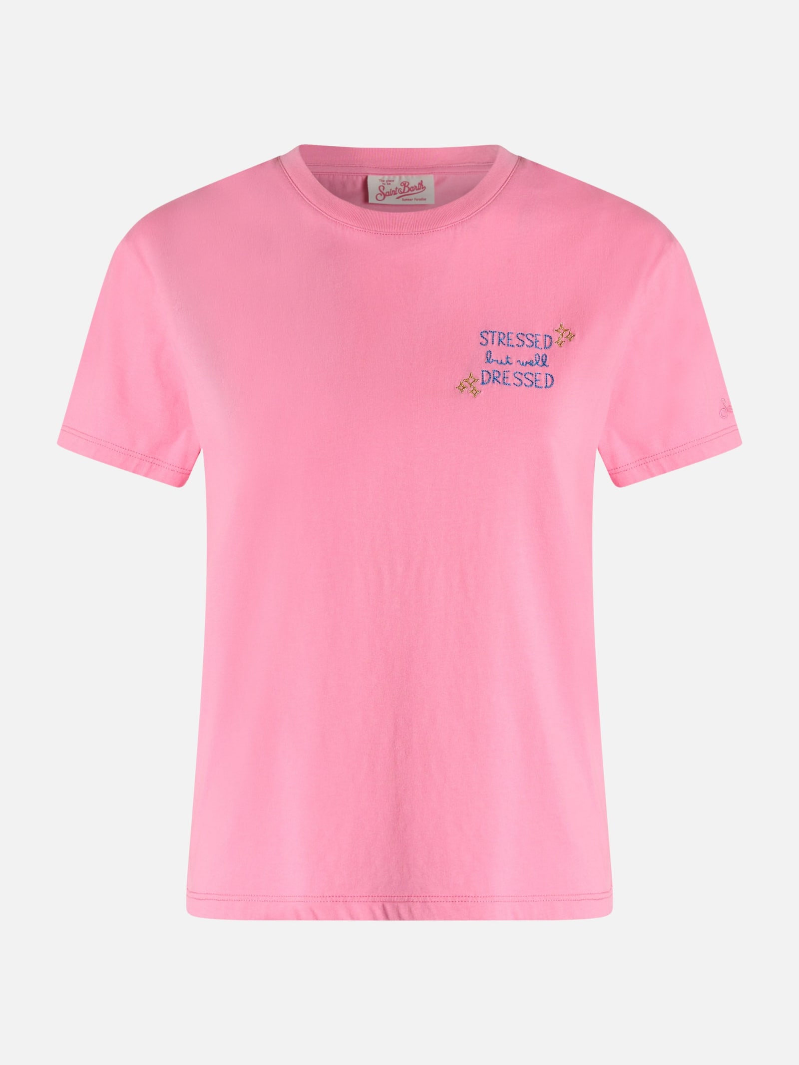 Shop Mc2 Saint Barth Woman Cotton Jersey Crewneck T-shirt Emilie With Stressed But Well Dressed Embroidery In Pink