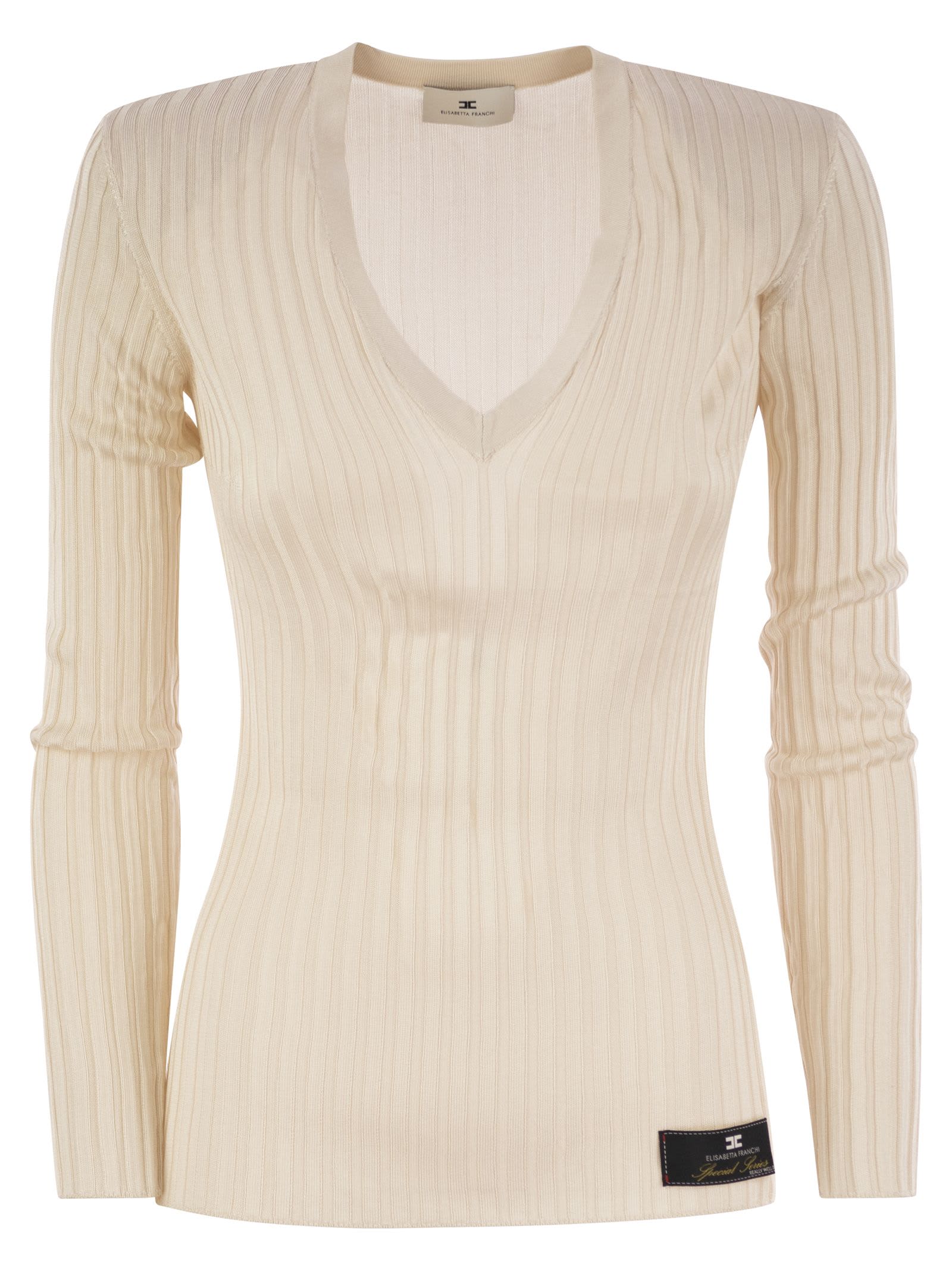 Shop Elisabetta Franchi Shiny Viscose Ribbed Jersey In Milk