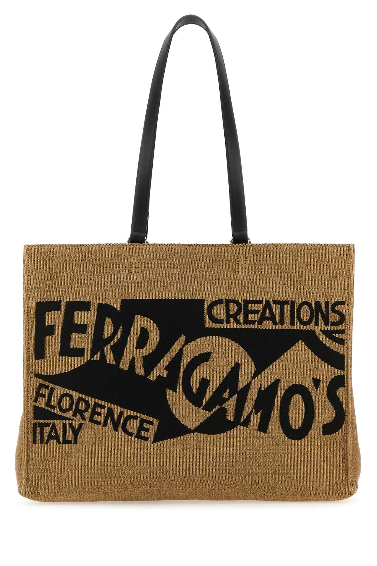 Shop Ferragamo Camel Raffia Large Tt Sign Shopping Bag In Mieleneroneronero