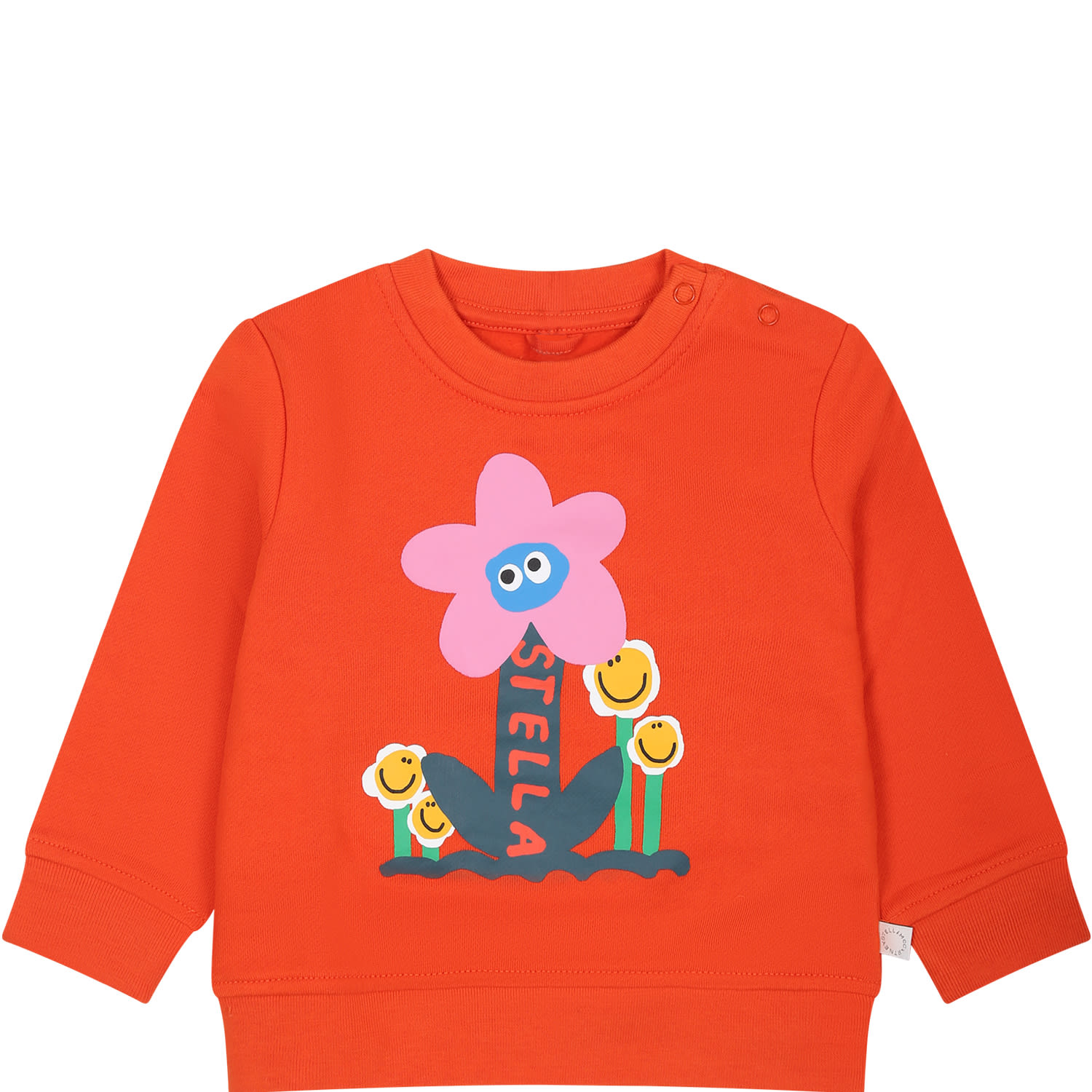 Shop Stella Mccartney Orange Sweatshirt For Baby Girl With Flowesr And Logo