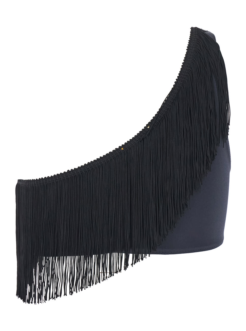 Shop Forte Forte Black One-shoulder Top With Fringe Embellishments In Tech Fabric Stretch Woman