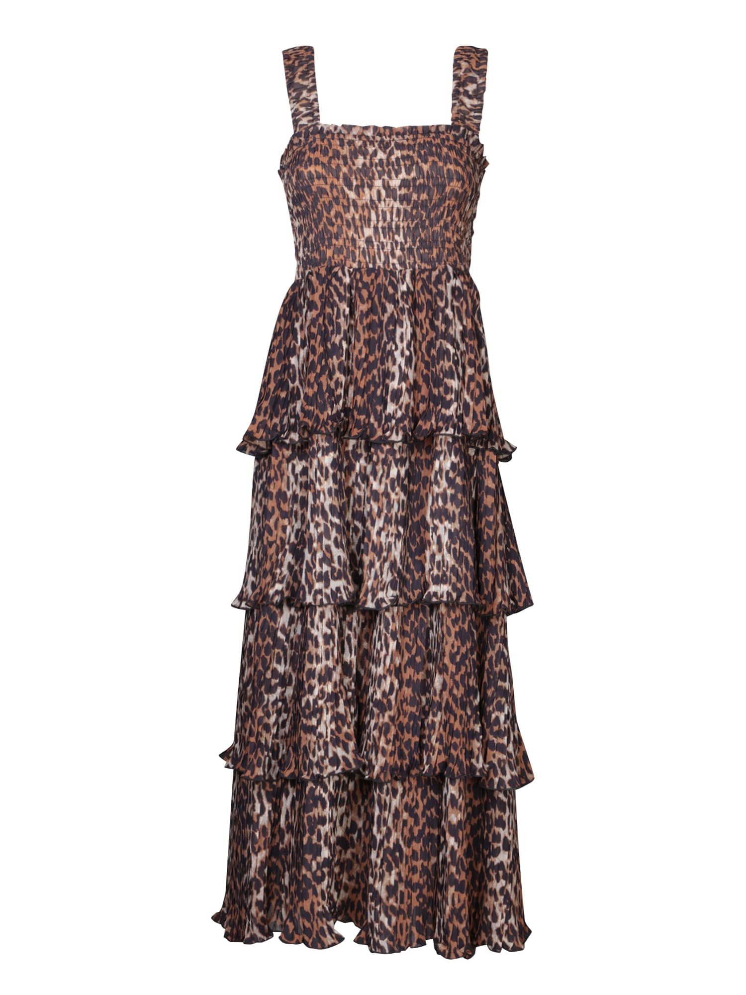 Ganni Leopard Pleated Georgette Midi Dress In Brown