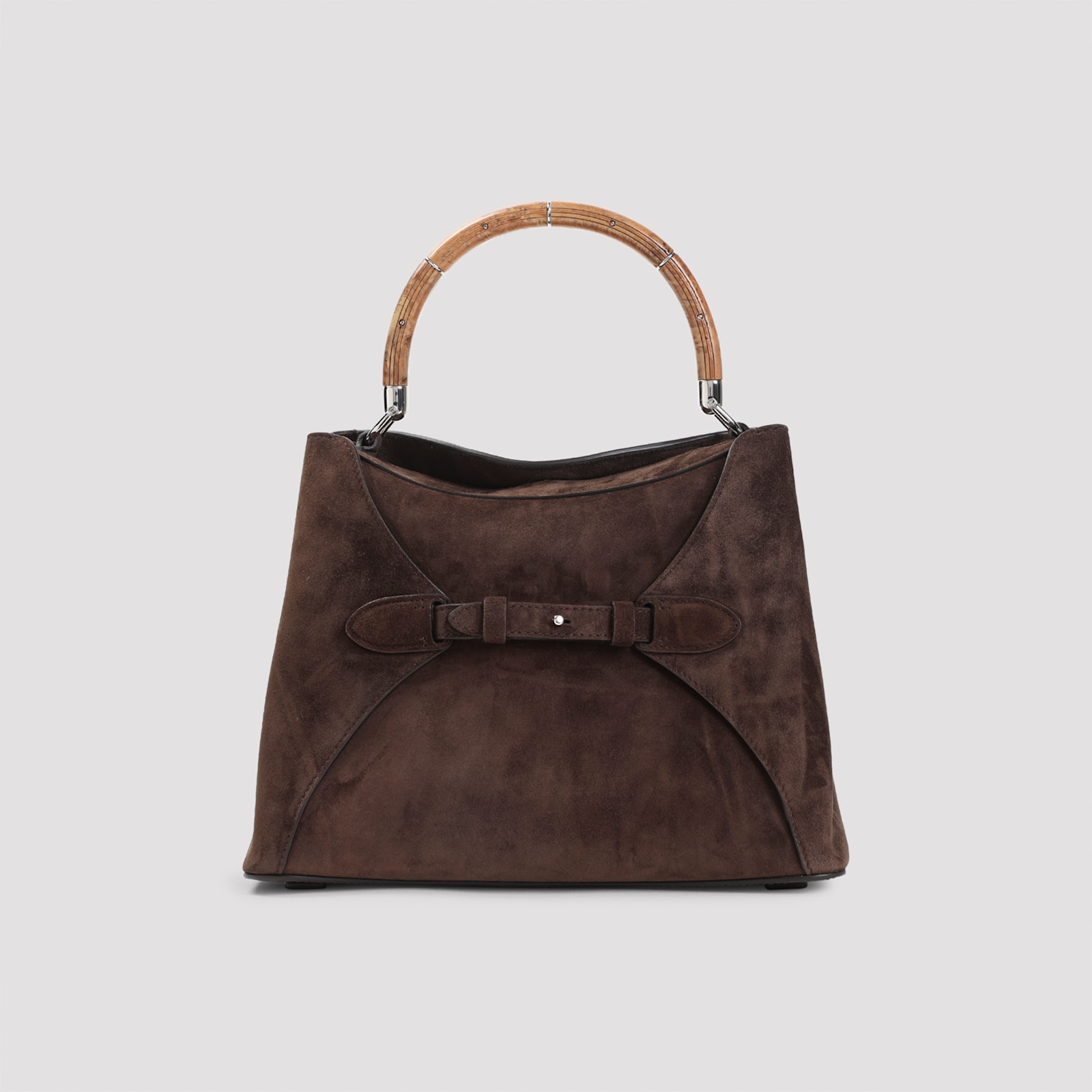 Ralph Lauren Structured Suede Bucket Bag With Bamboo Handle In Brown