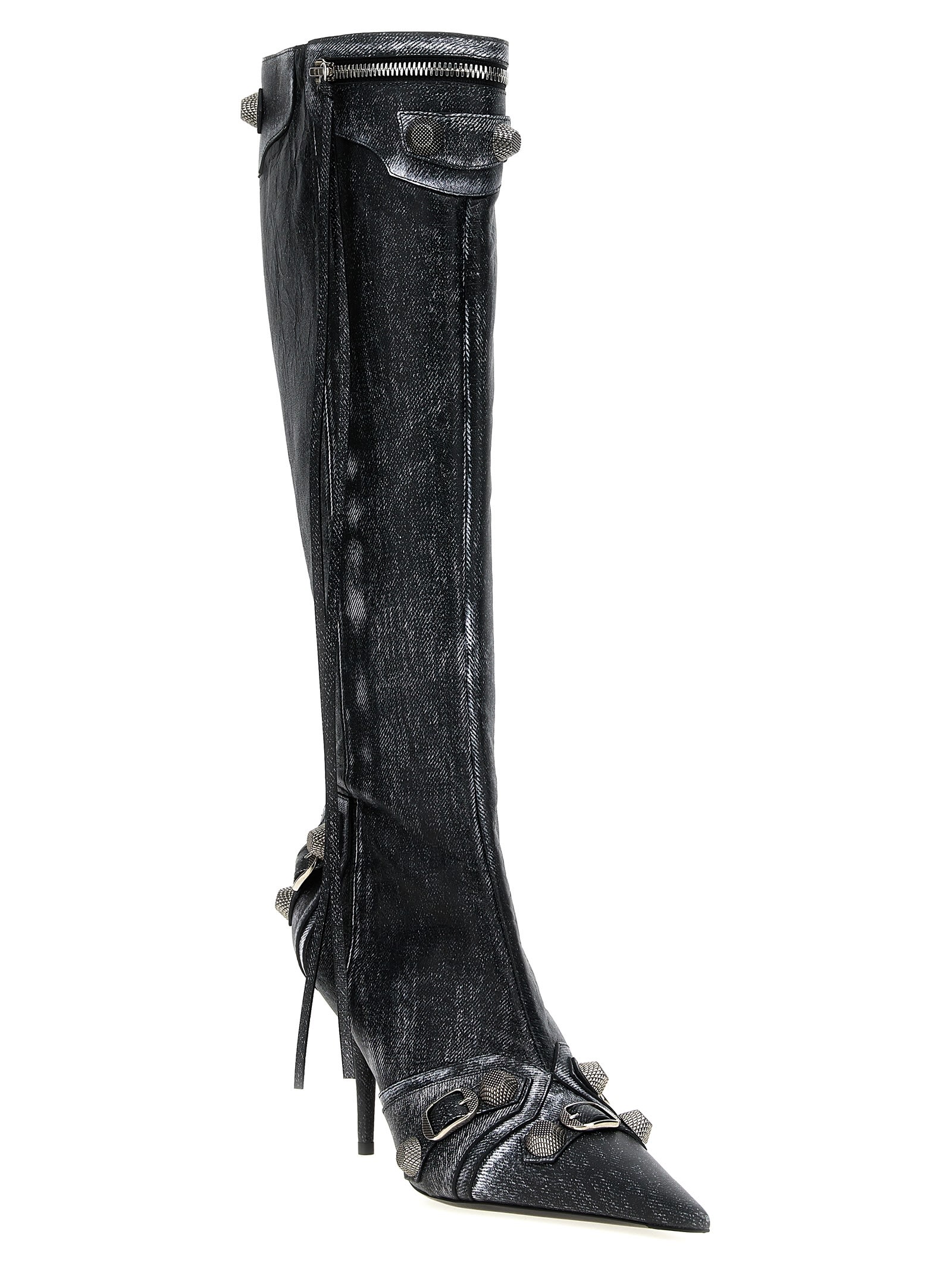 Balenciaga Cagole White Pointed High-boots With Studs And Buckles In Leather Woman In Black