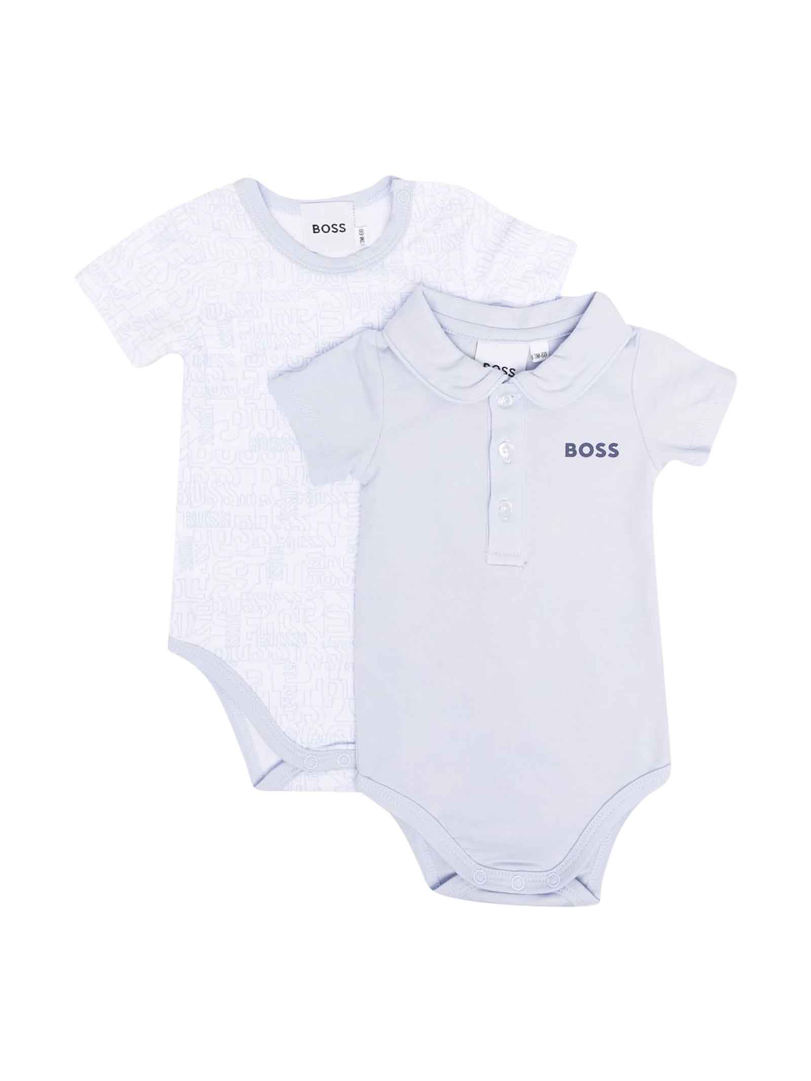 Hugo Boss Set Of Two White And Light Blue Baby Bodysuits With All-over Logo Print, Contrasting Edge, Round Neckline, Short Sleeves And Button Closure