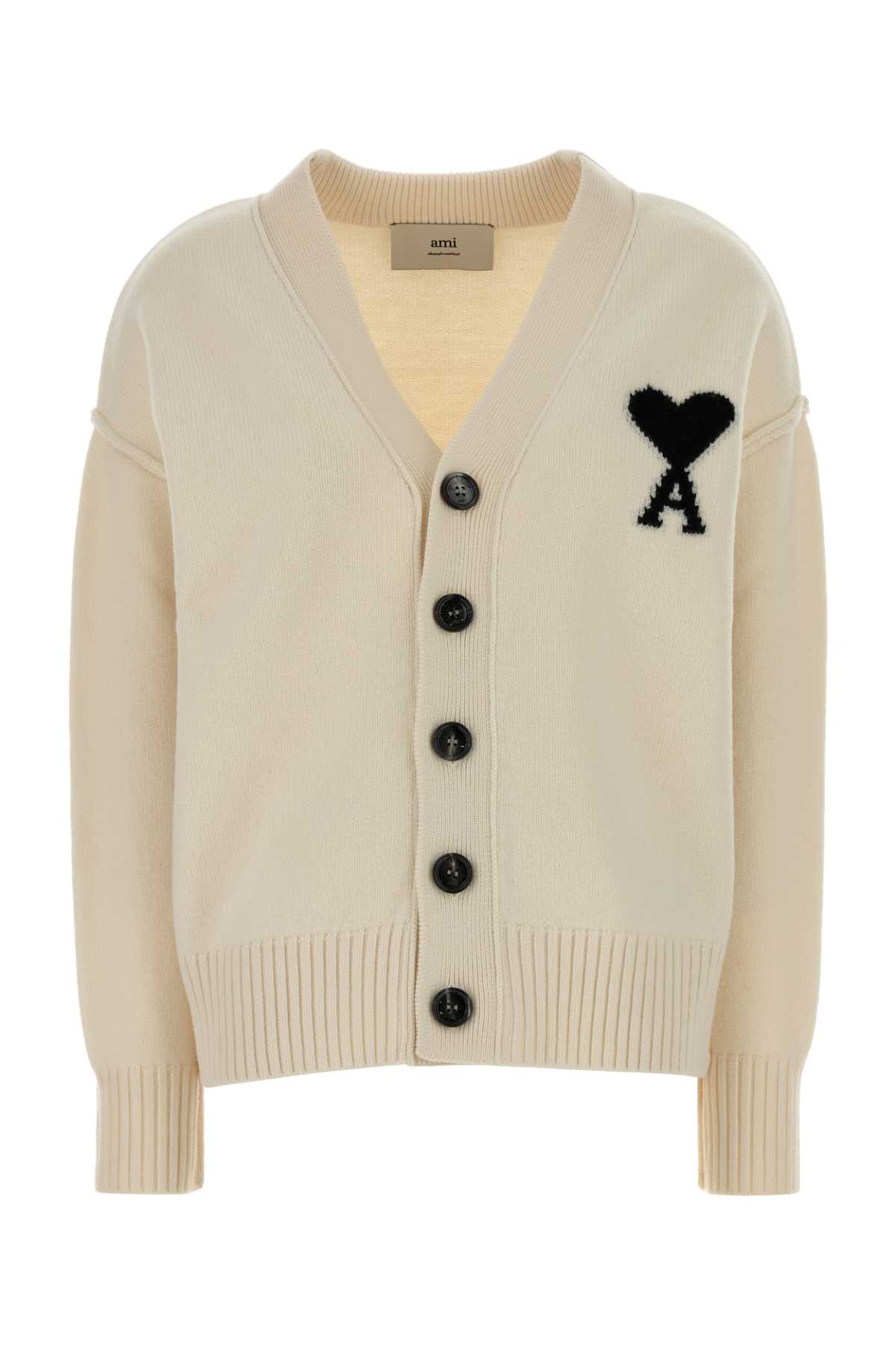 Ami Alexandre Mattiussi Ami Paris Ivory Wool Cardigan In White