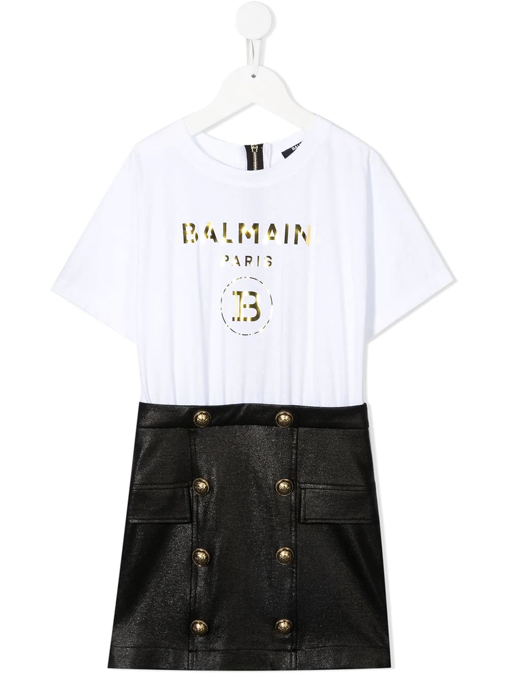 Balmain Kid White And Black Dress With Golden Logo