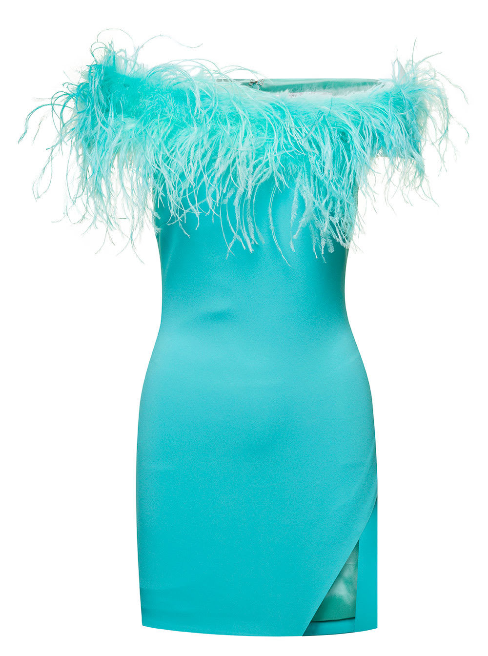 Mini Light Blue Dress With Feather Trim And Split In Stretch Viscose Woman
