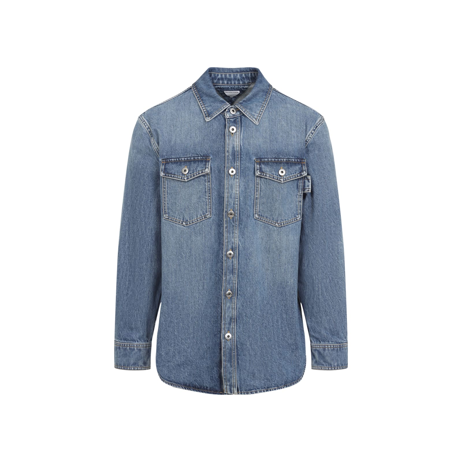 Bottega Veneta Denim Shirt With Flap Pockets And Contrasting Stitching In Blue