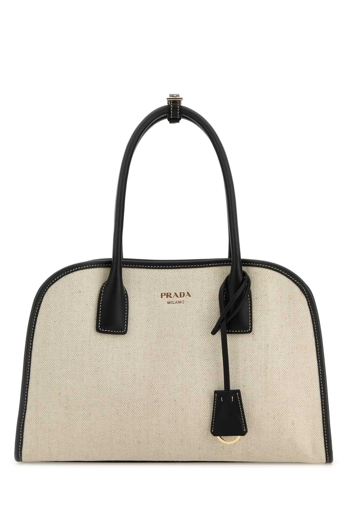 Prada Sand Canvas Medium Shopping Bag In Black