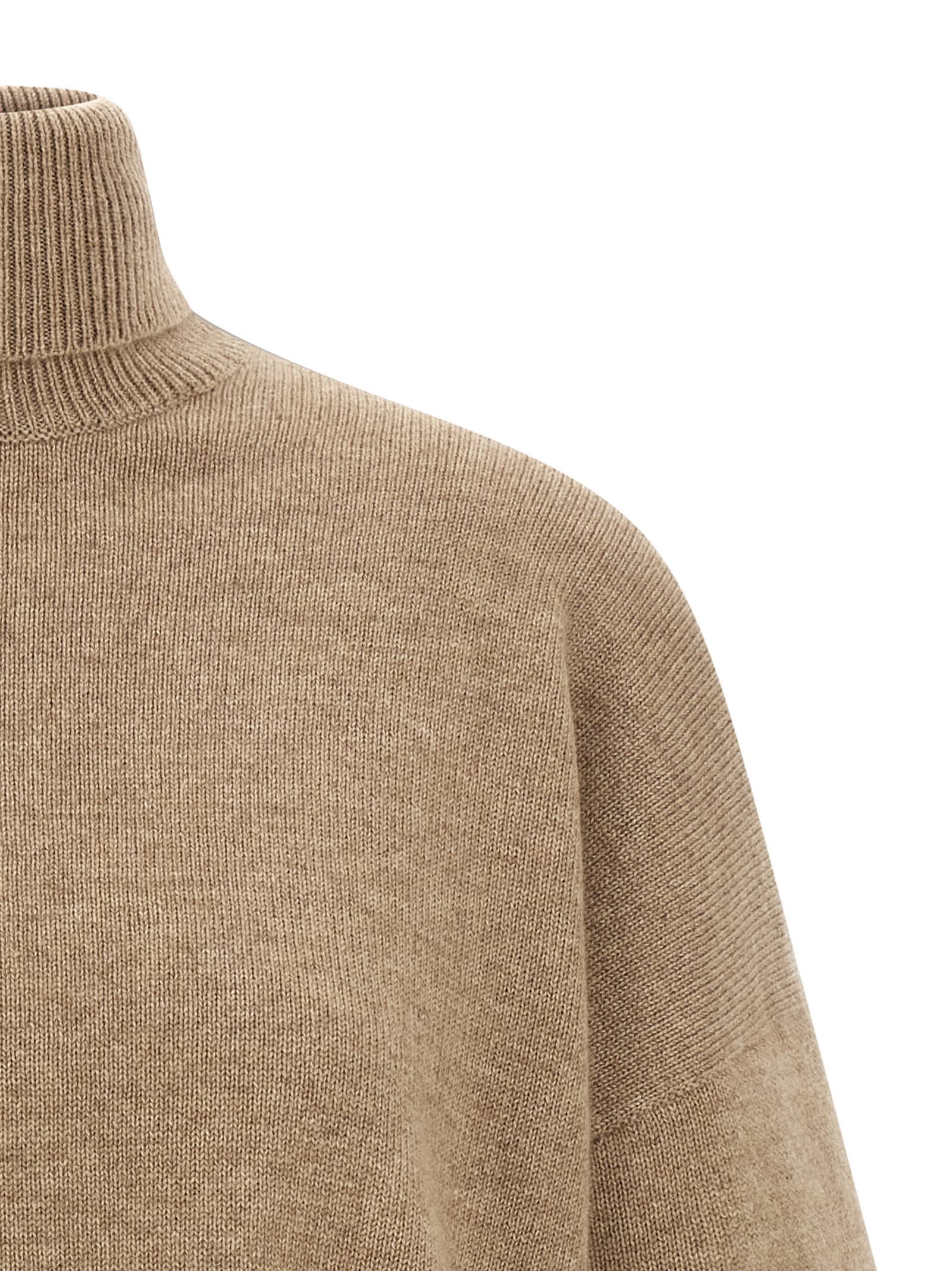 Brunello Cucinelli Cashmere Turtleneck Sweater With Sheer Sequined Sleeves In Brown
