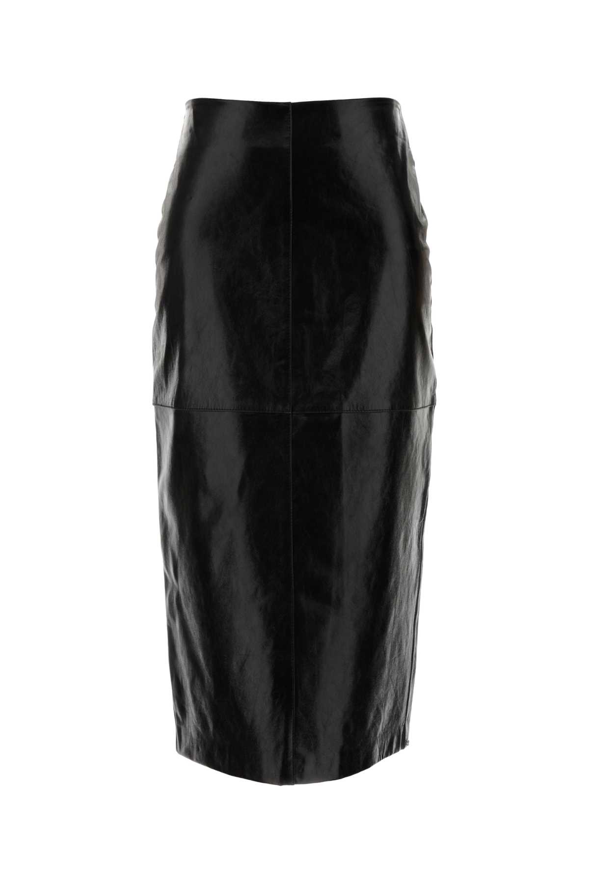 Sportmax High Waist Leather Midi Skirt With Slit In Black