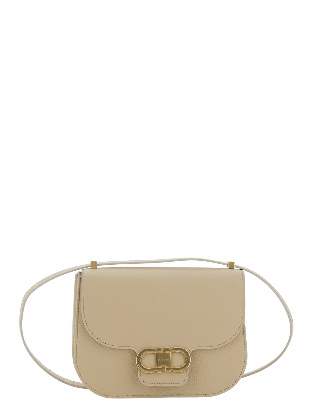 Beige Shoulder Bag With Metal Gancini Detail On The Front In Hammered Leather Woman