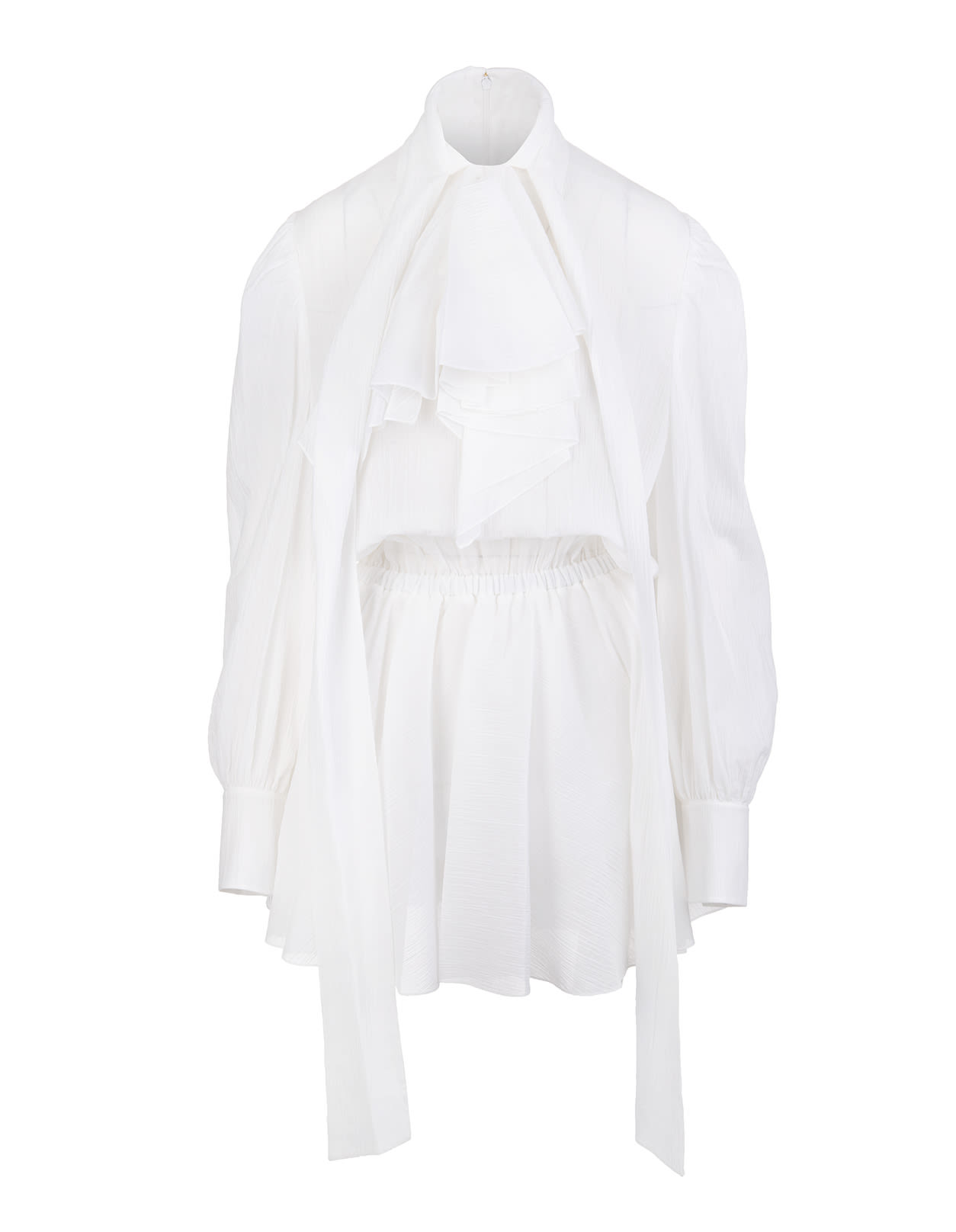 Balmain Short Dress In White Cotton With Ascot Bow