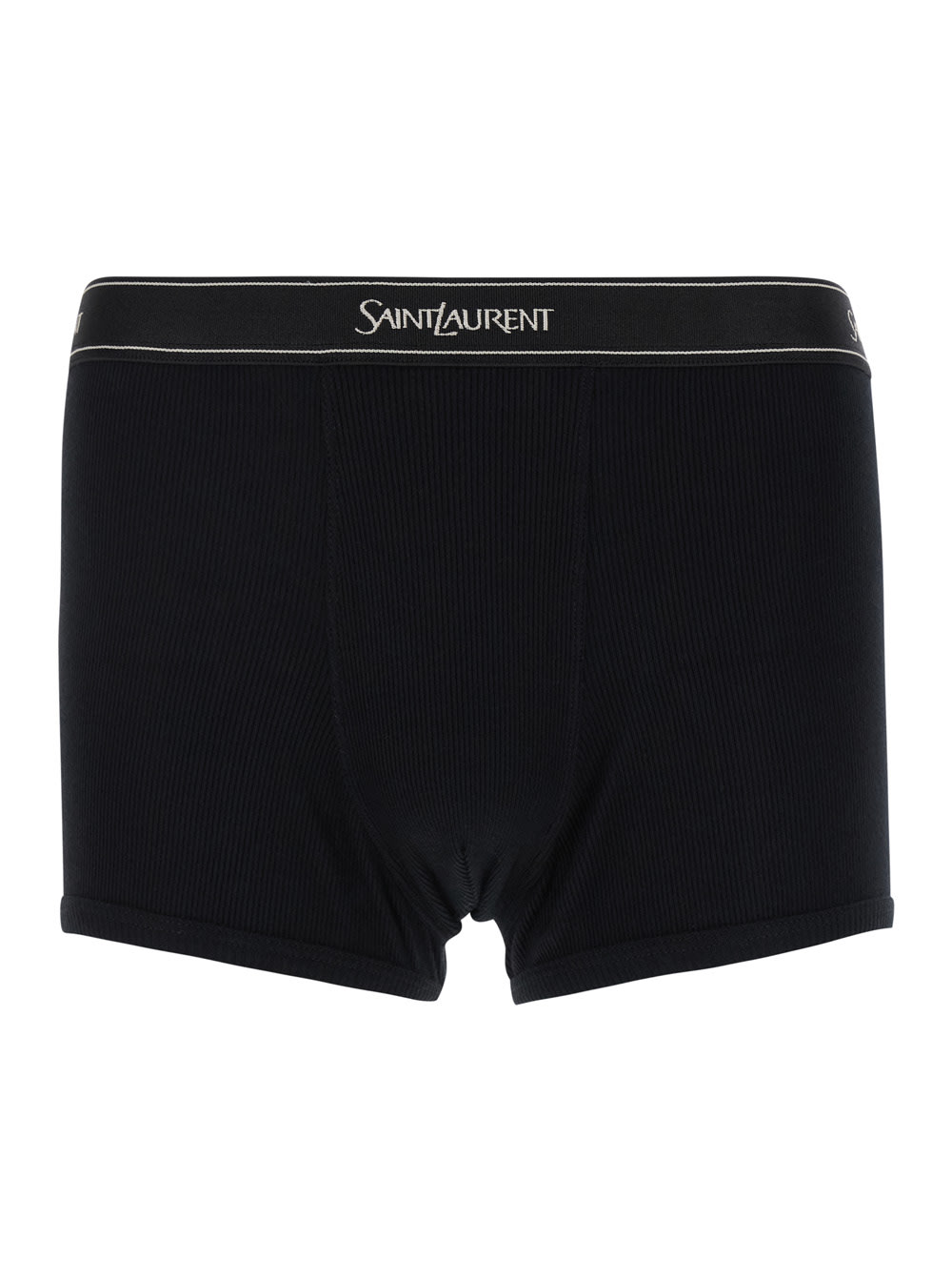 SAINT LAURENT BLACK BOXER BRIEFS WITH LOGO LETTERING EMBROIDERY IN RIBBED COTTON MAN