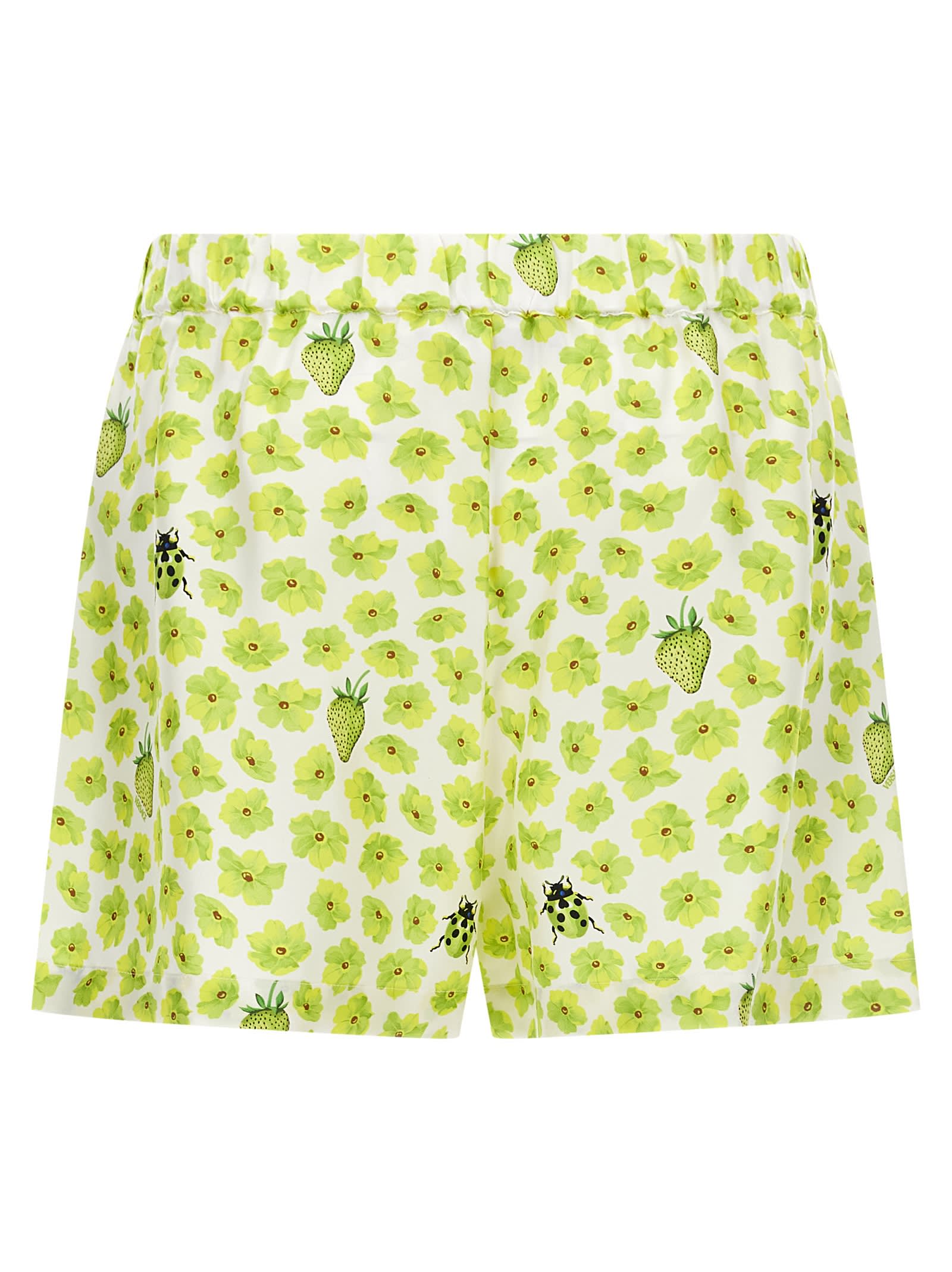 Versace Silk Twill Shorts With Strawberry Garden Print In Green