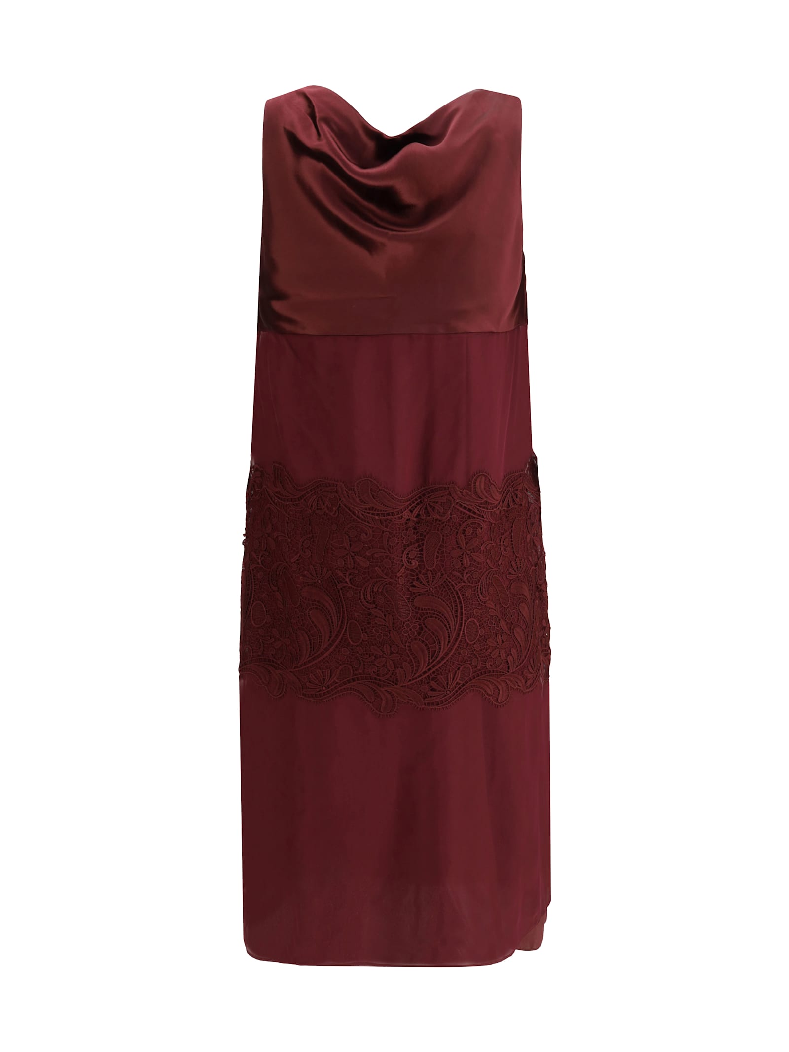 Ferragamo Cowl-neck Lace-insert Midi Dress In Burgundy