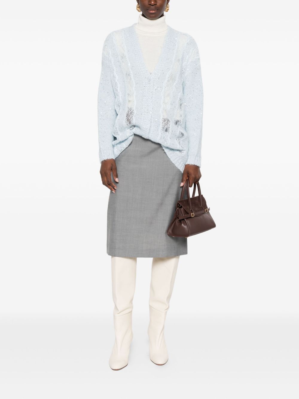 Ermanno Firenze Cable Knit Cardigan With Lace And Sequins In Blue