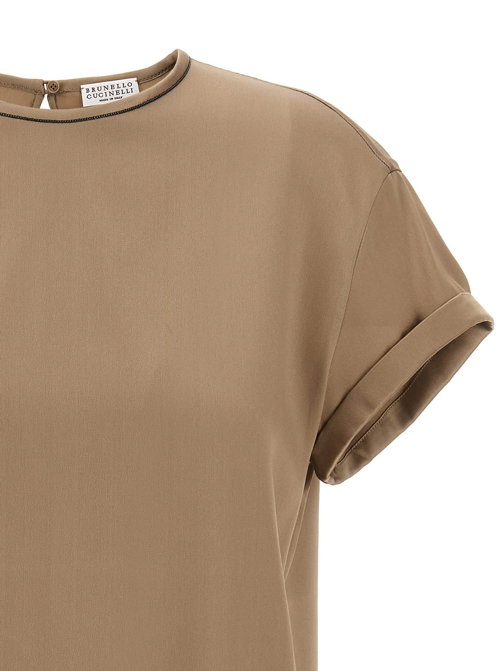 Brunello Cucinelli Beige Crewneck T-shirt With Monile Detail On The Neck In Gray