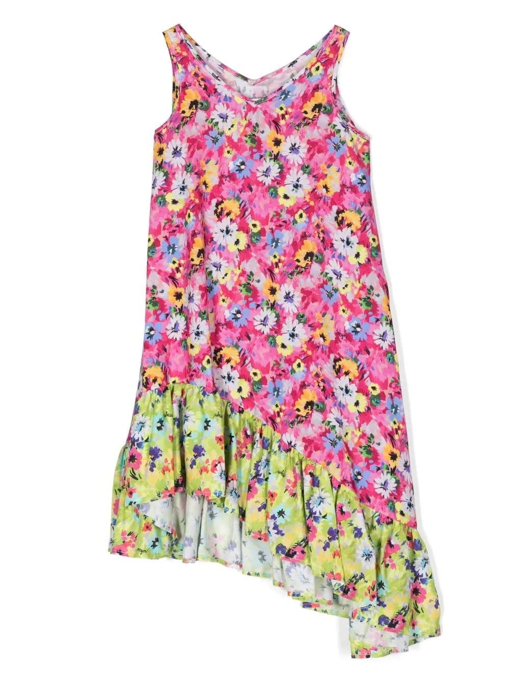 MSGM MULTICOLORED FLORAL DRESS WITH COLOR BLOCK DESIGN