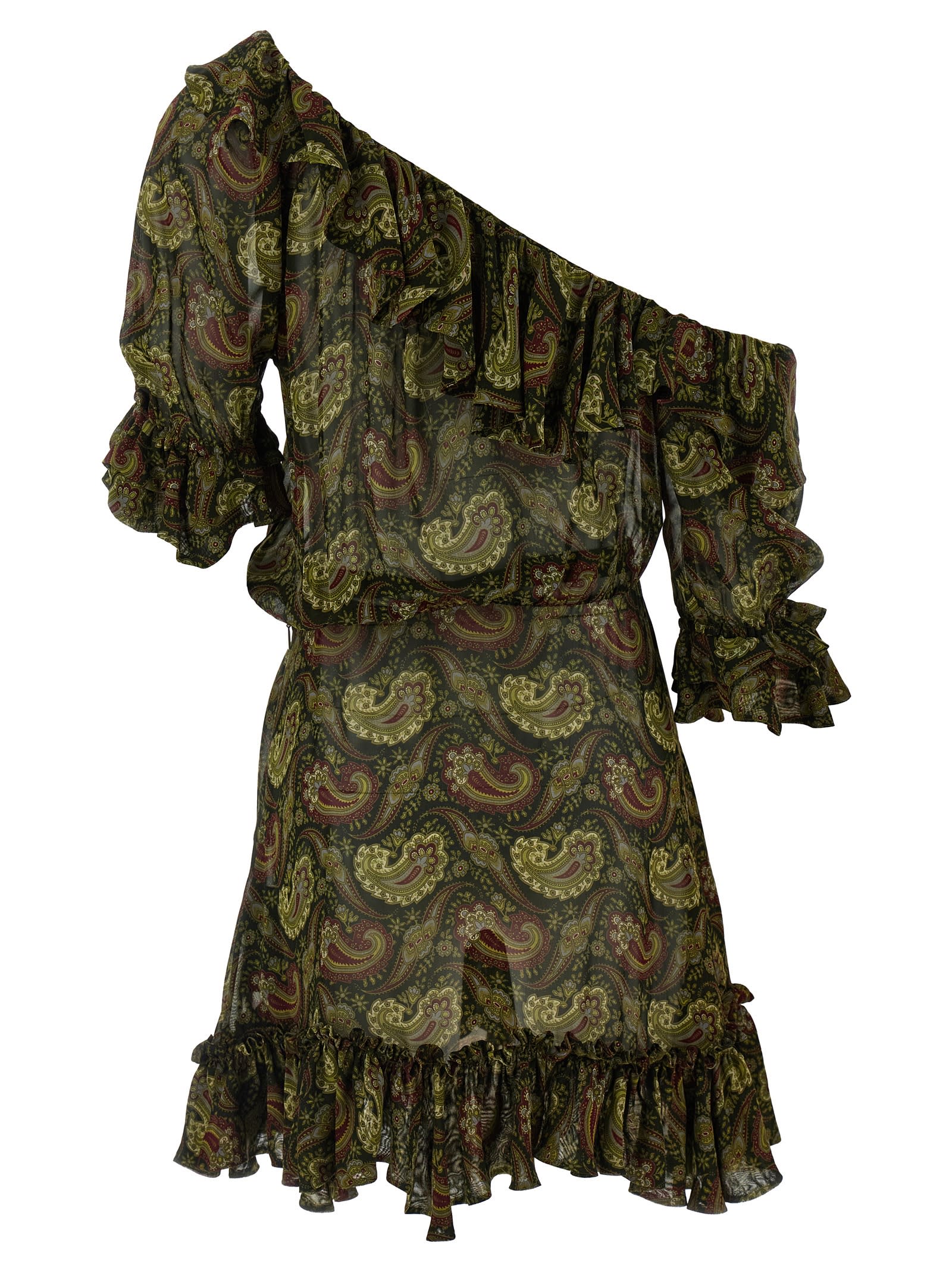 Saint Laurent One Shoulder Paisley Ruffle Dress
