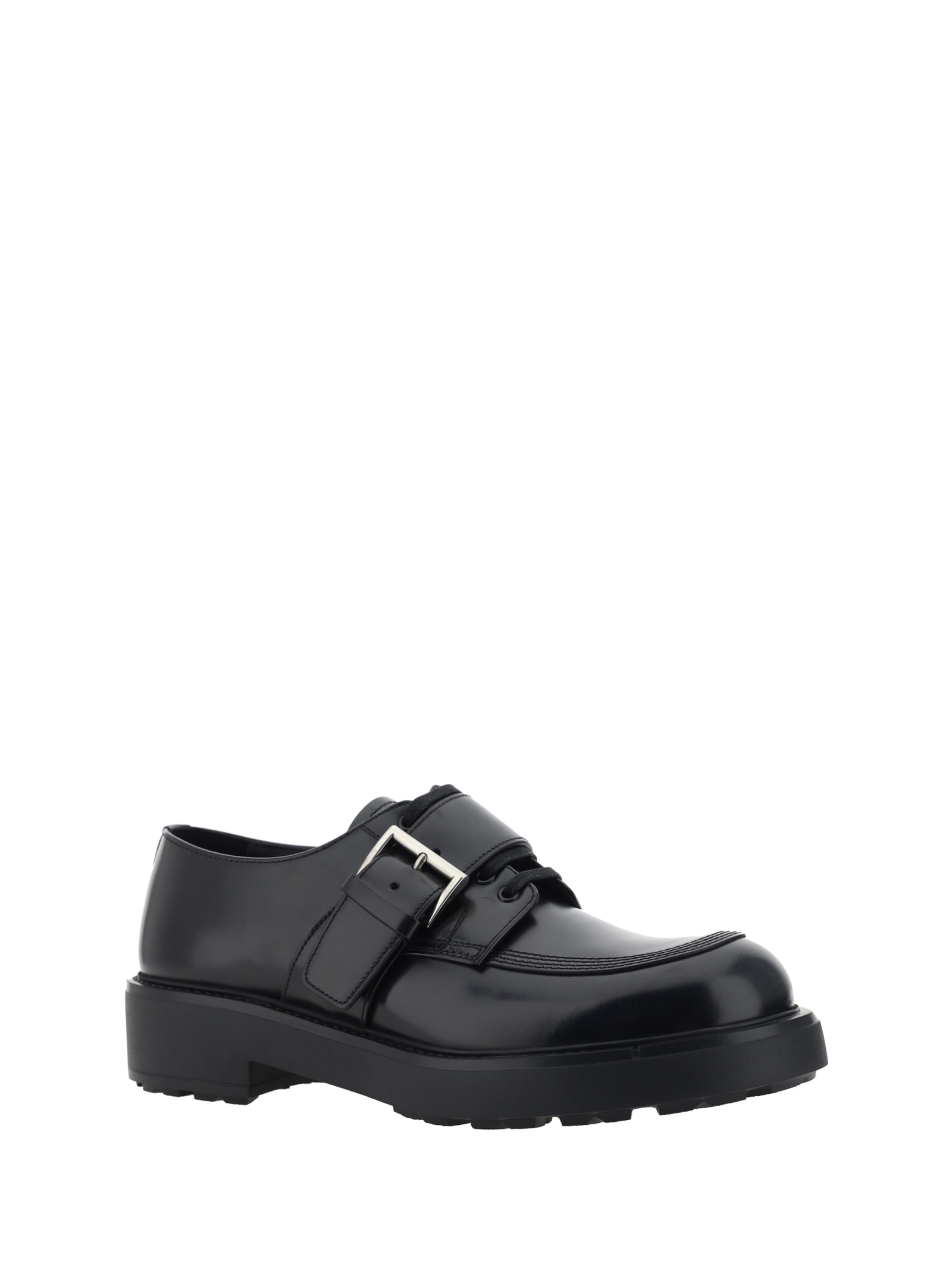 Prada Lace-up Block Heel Round Toe Shoes In Nero