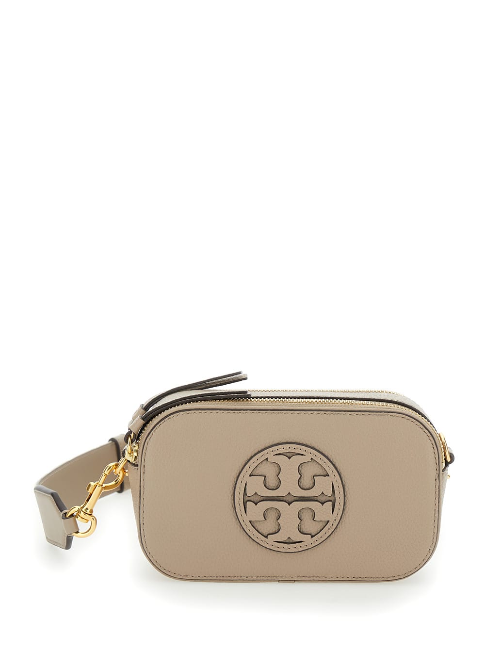 Shop Tory Burch Miller Mini Beige Crossbody Bag With Logo Detail In Leather Woman In Grey