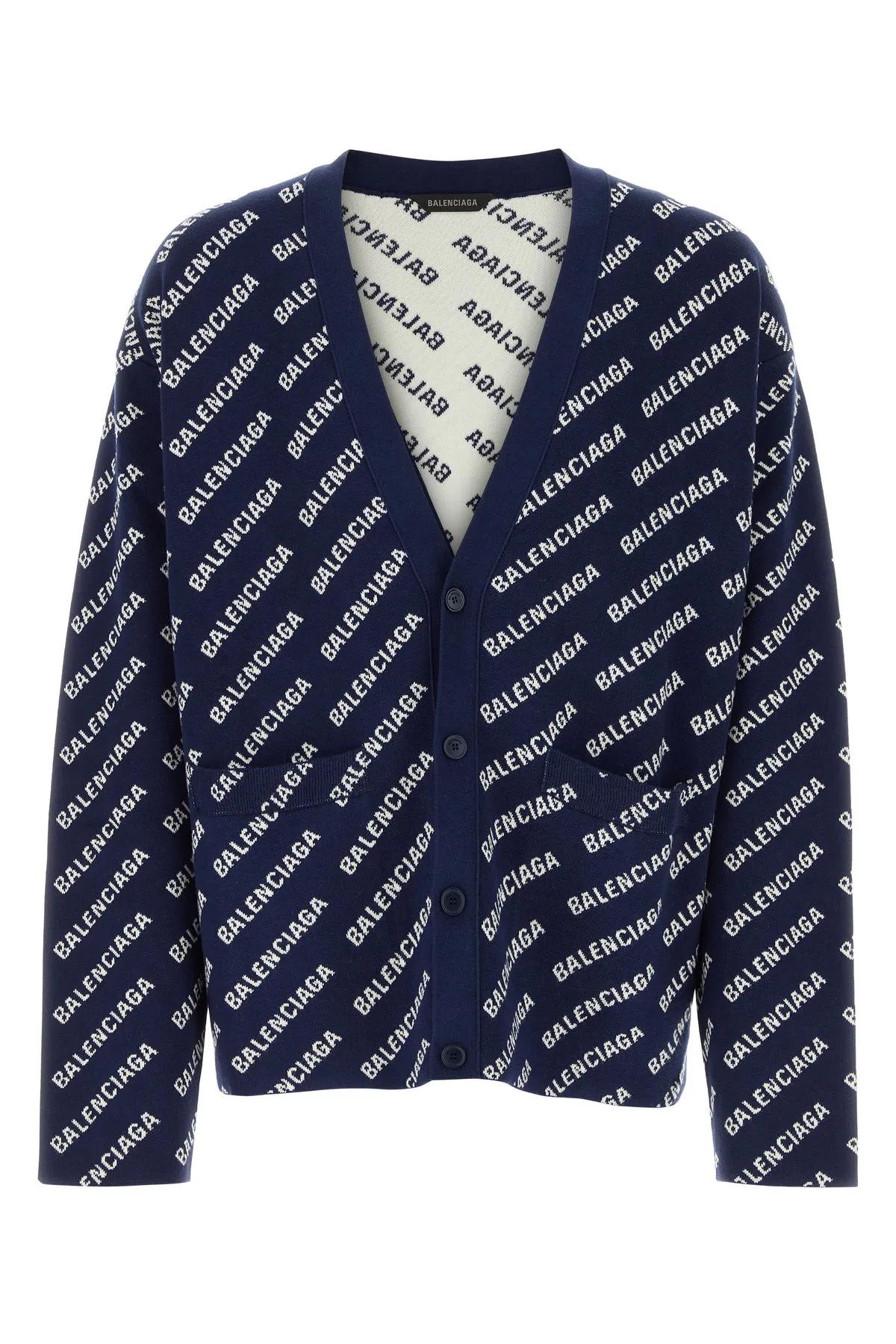 Shop Balenciaga Embroidered Stretch Cotton Blend Oversize Cardigan In Blue