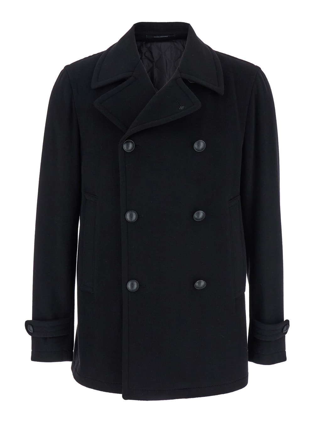 Tagliatore Black Double-breasted Coat With Wide Notched Revers In Wool Blend Man