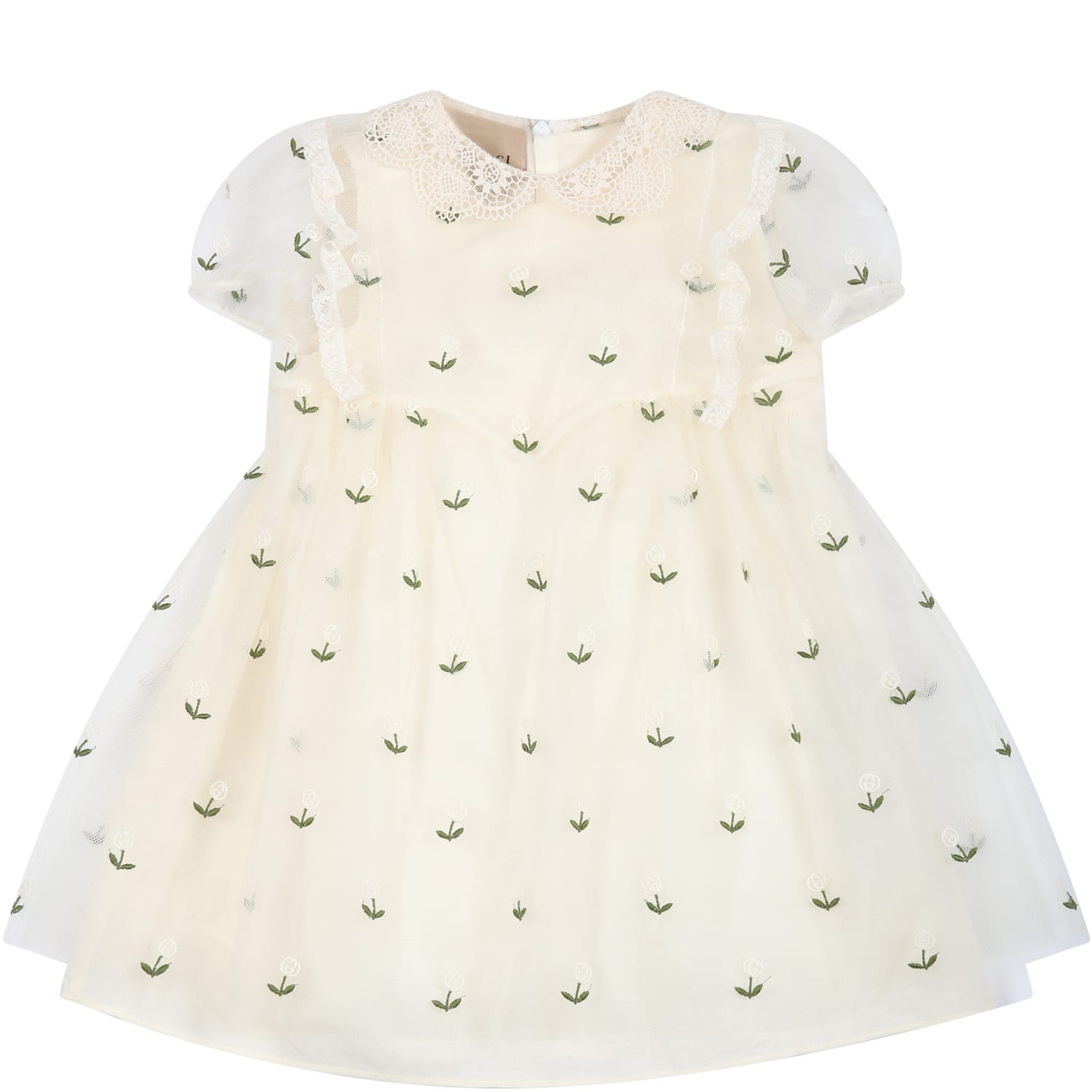 Shop Gucci Ivory Dress For Baby Girl With All-over Embroidered Flowers And Logo Gg