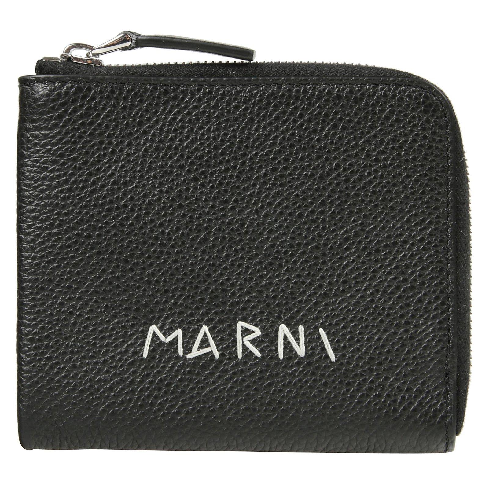 Shop Marni Logo-embroidered Zipped Wallet In Black